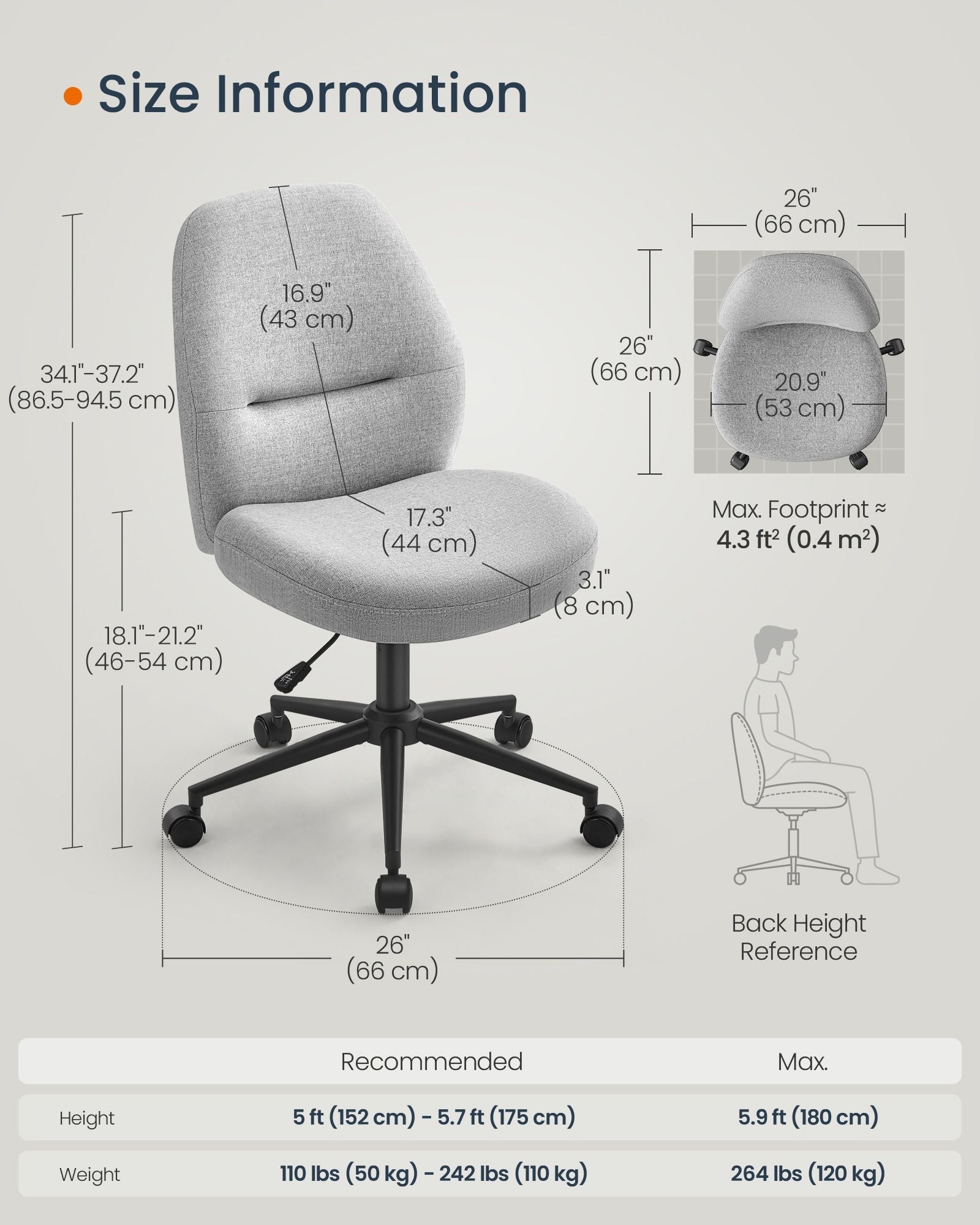 Armless Office Chair – Cotton-Linen – Dove Grey – Adjustable Height, Swivel, High Backrest