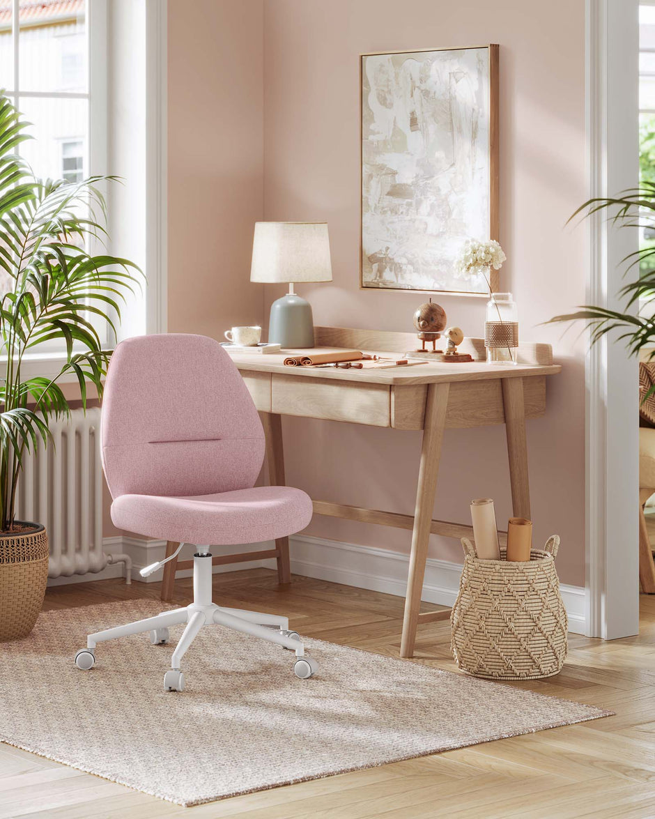 Armless Swivel Office Chair – Cotton-Linen – Jelly Pink – Adjustable Height with Wheels