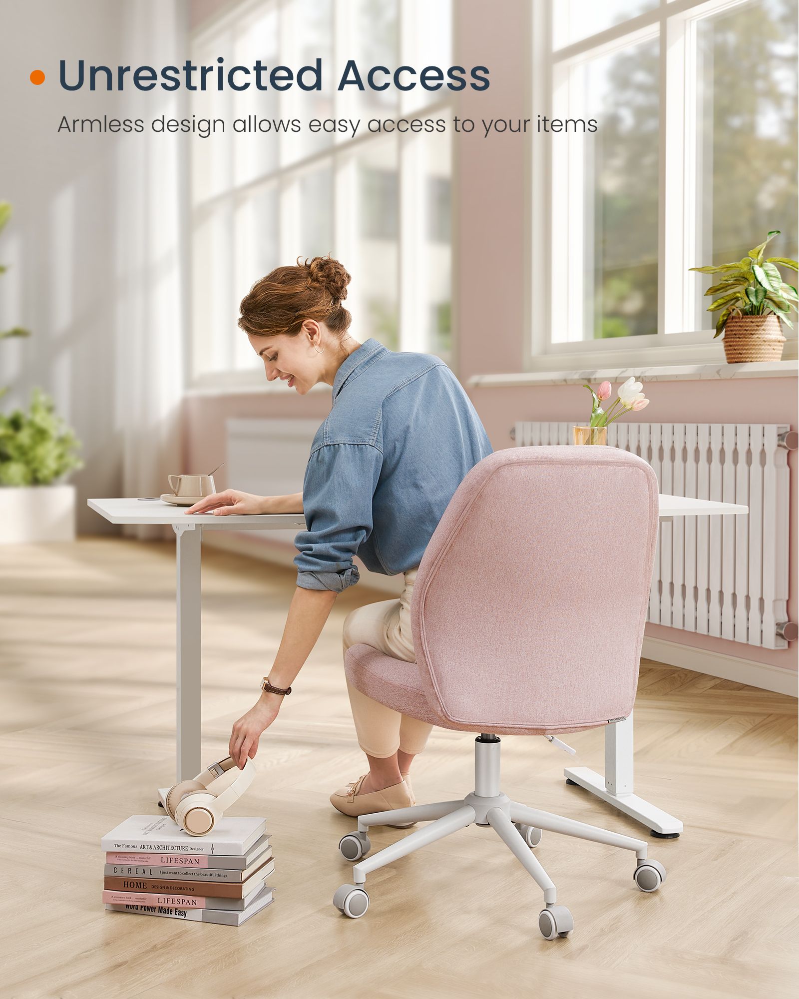Armless Swivel Office Chair – Cotton-Linen – Jelly Pink – Adjustable Height with Wheels
