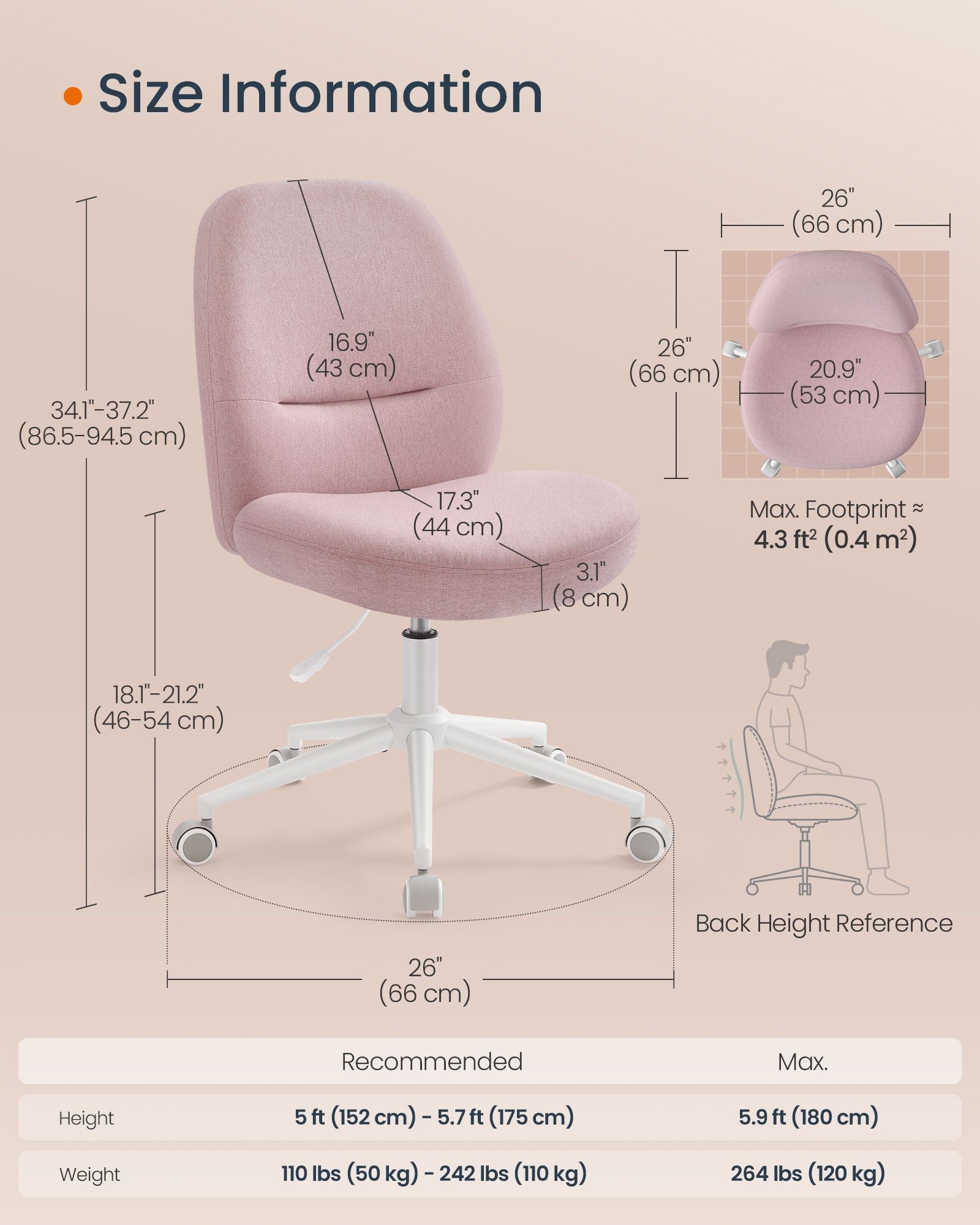 Armless Swivel Office Chair – Cotton-Linen – Jelly Pink – Adjustable Height with Wheels
