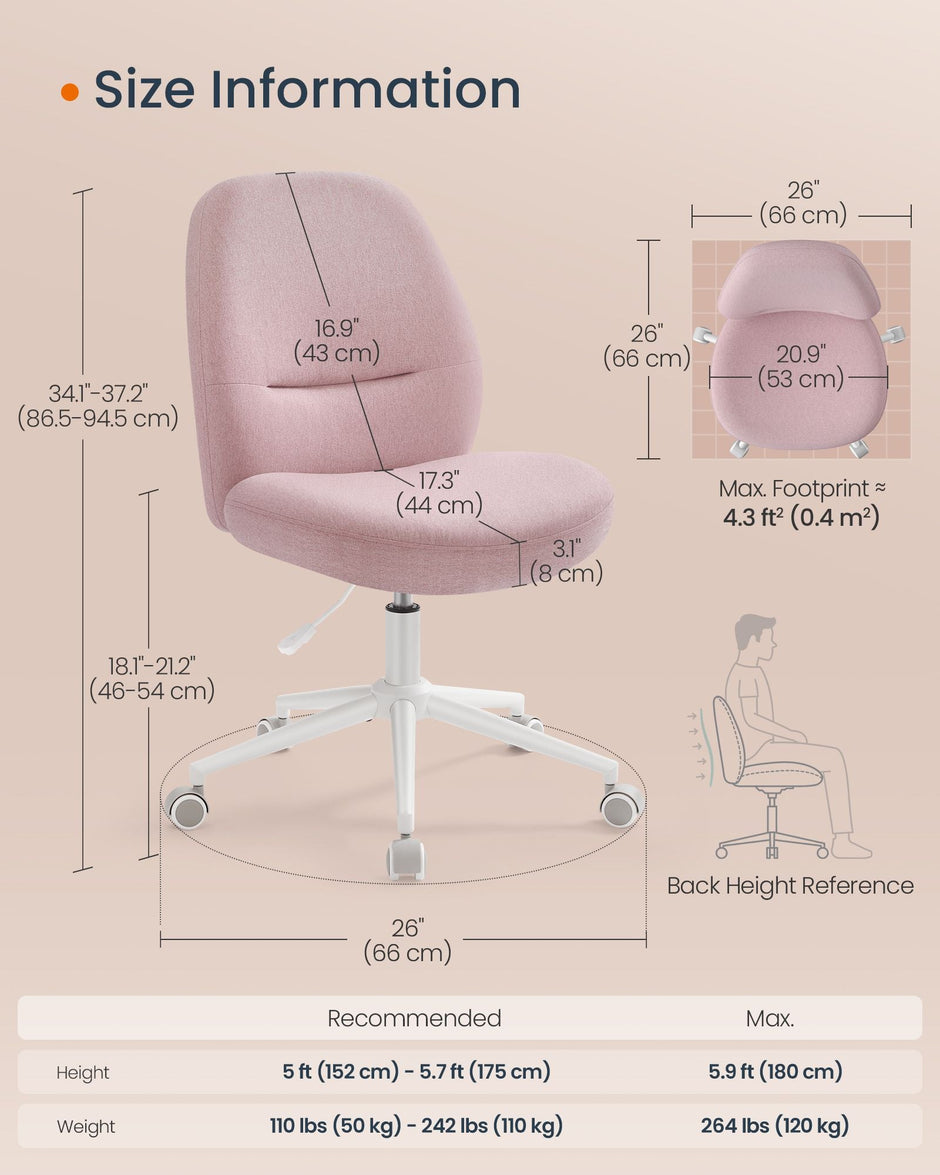 Armless Swivel Office Chair – Cotton-Linen – Jelly Pink – Adjustable Height with Wheels