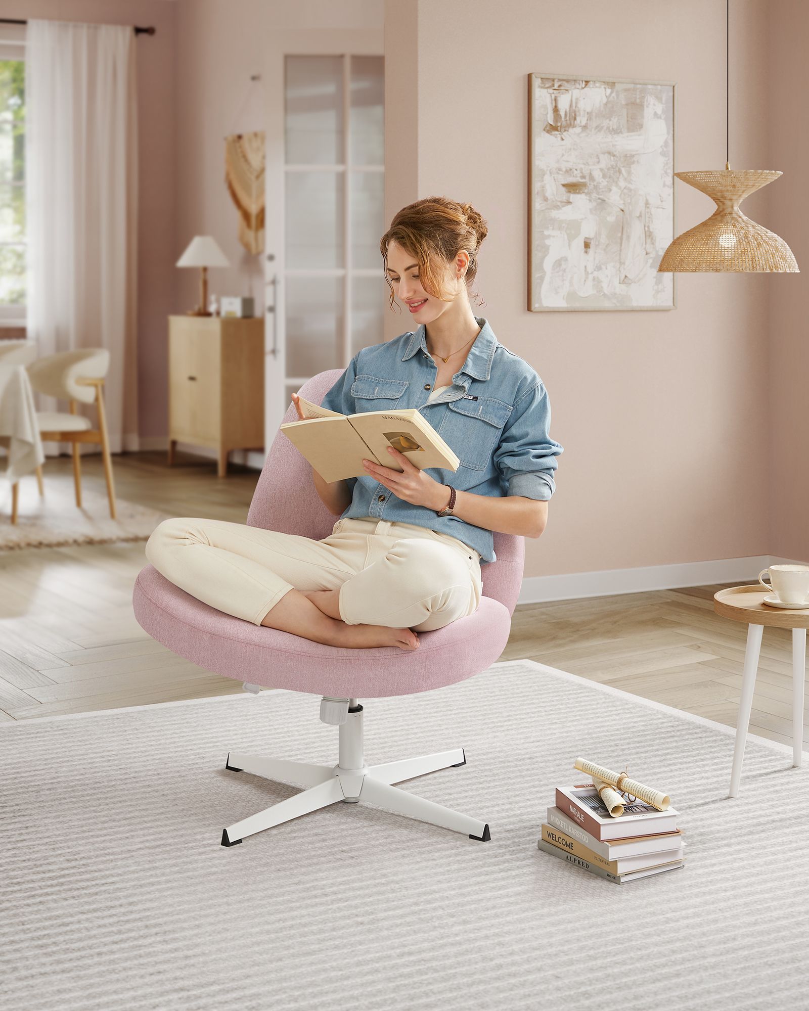 Armless Office Chair – Cotton-Linen Fabric – Jelly Pink – Adjustable Height, Swivel Design