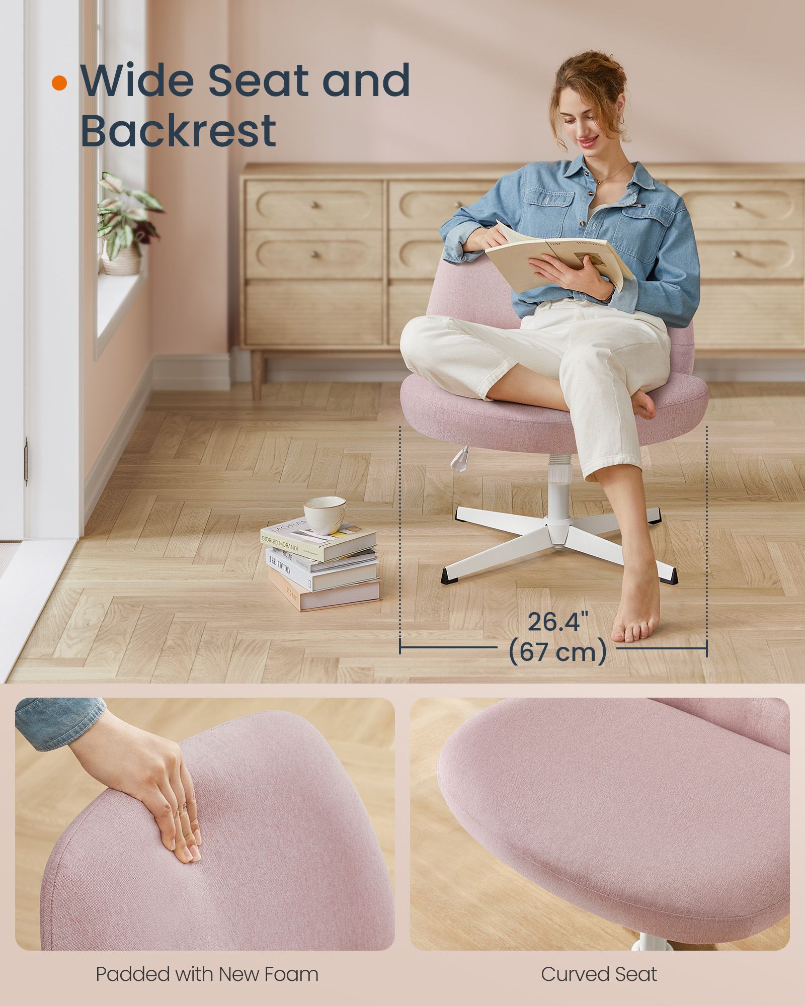 Armless Office Chair – Cotton-Linen Fabric – Jelly Pink – Adjustable Height, Swivel Design