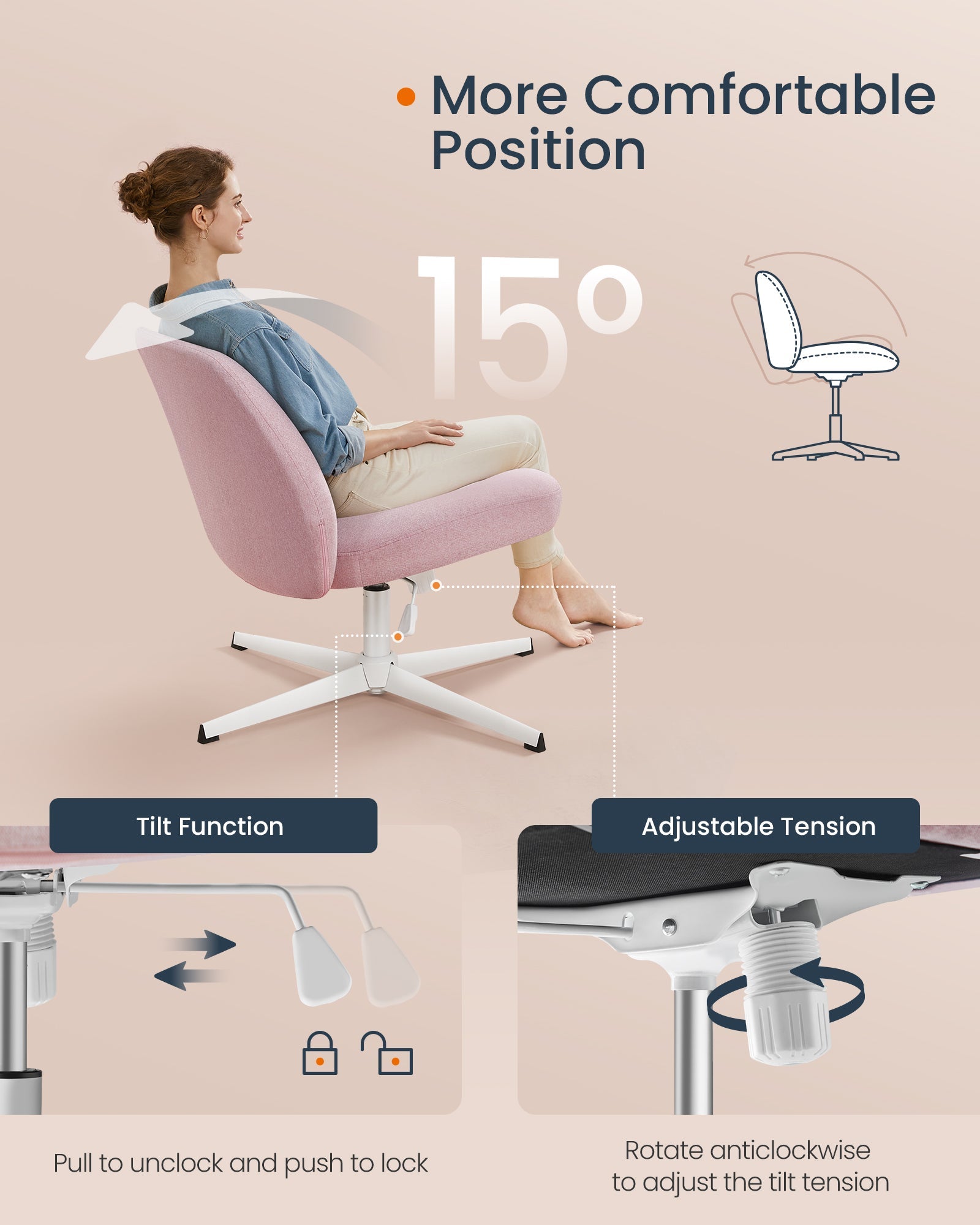 Armless Office Chair – Cotton-Linen Fabric – Jelly Pink – Adjustable Height, Swivel Design