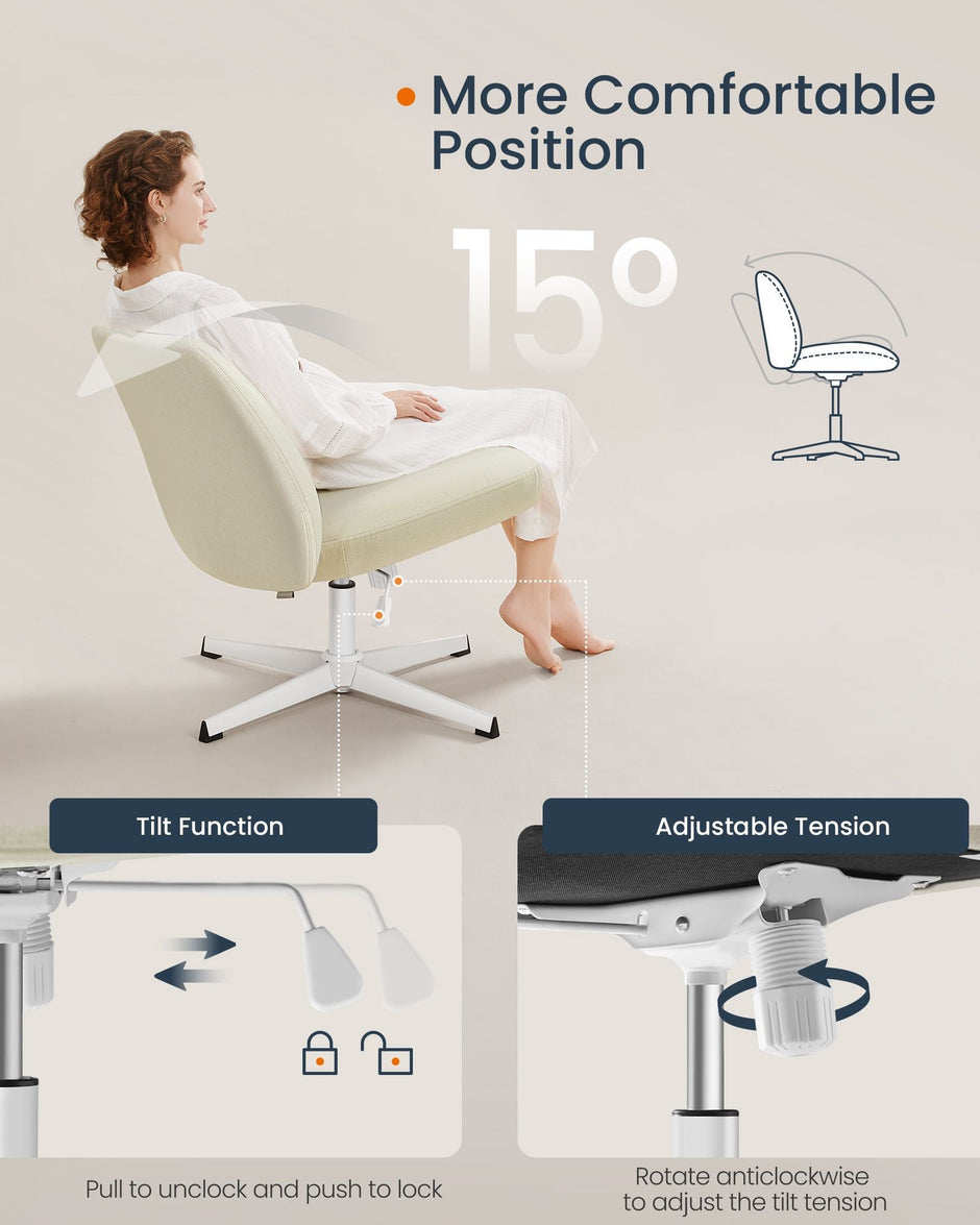Armless Desk Chair – Cotton-Linen Fabric – Cream White – Adjustable Height, Swivel Base with Wheels