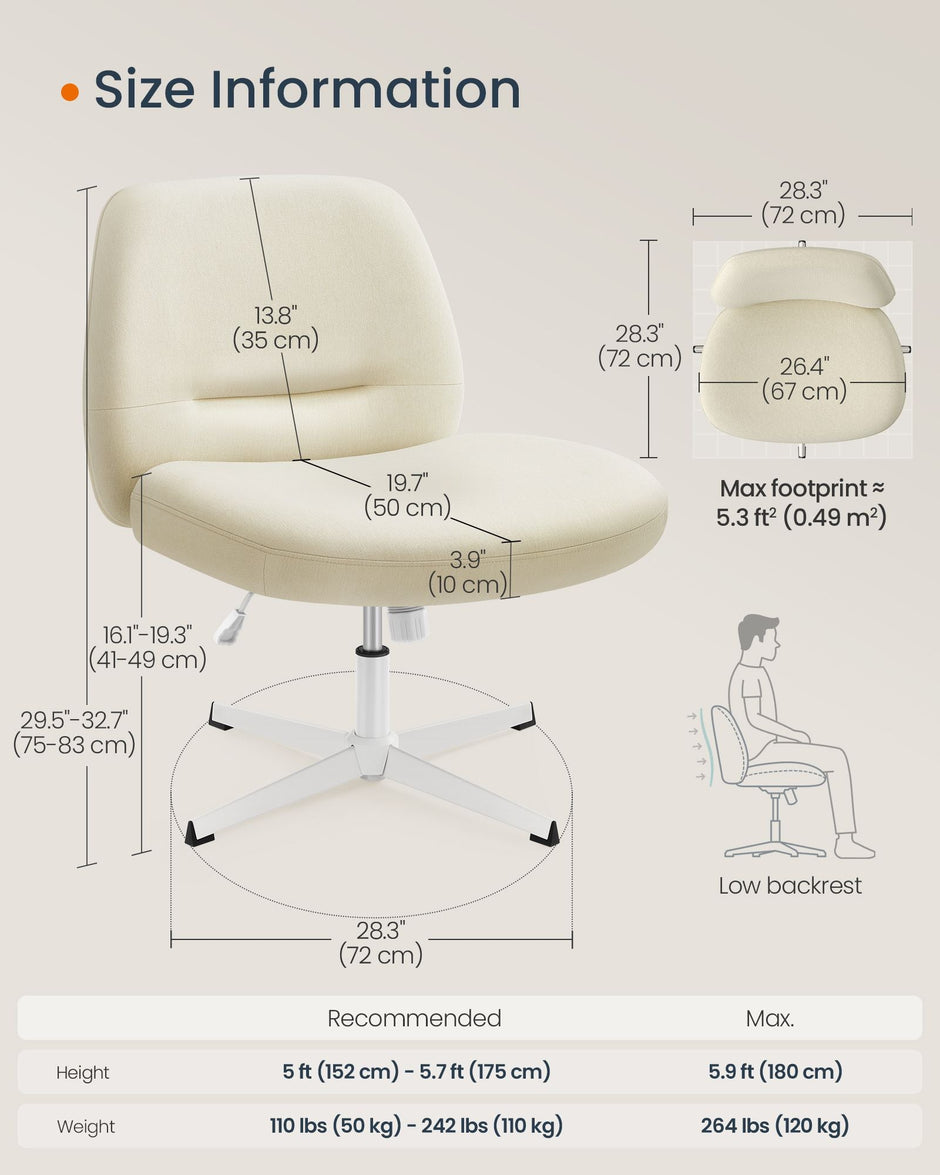 Armless Desk Chair – Cotton-Linen Fabric – Cream White – Adjustable Height, Swivel Base with Wheels