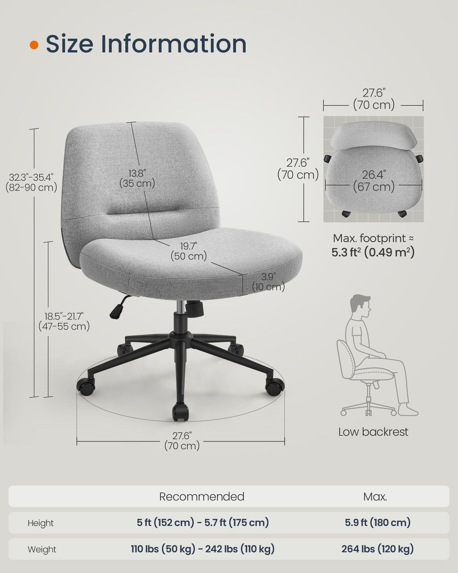 Office Chair – Cotton-Linen Fabric – Dove Grey – Adjustable Height, Swivel with Star Base and Wheels