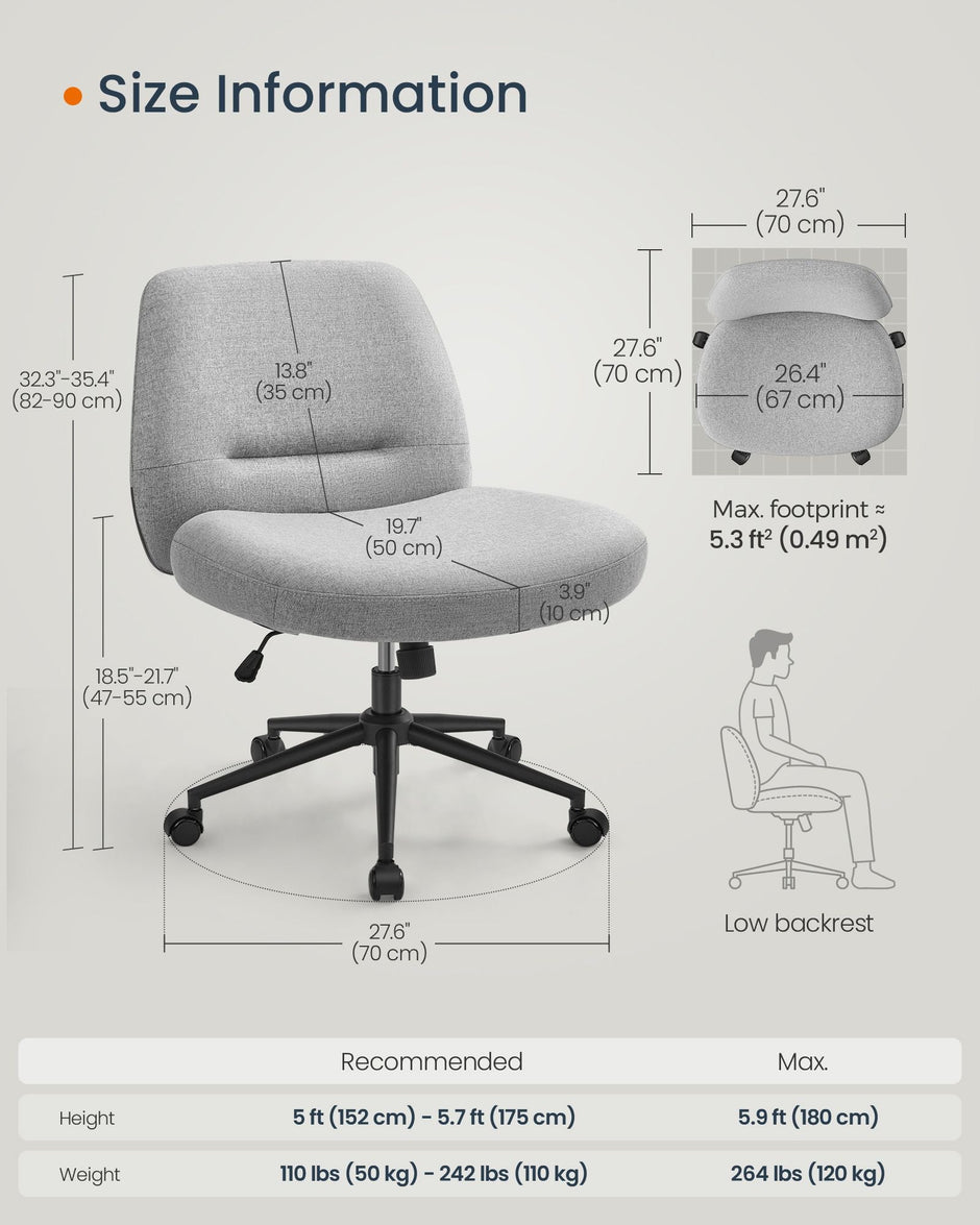 Office Chair – Cotton-Linen Fabric – Dove Grey – Adjustable Height, Swivel with Star Base and Wheels
