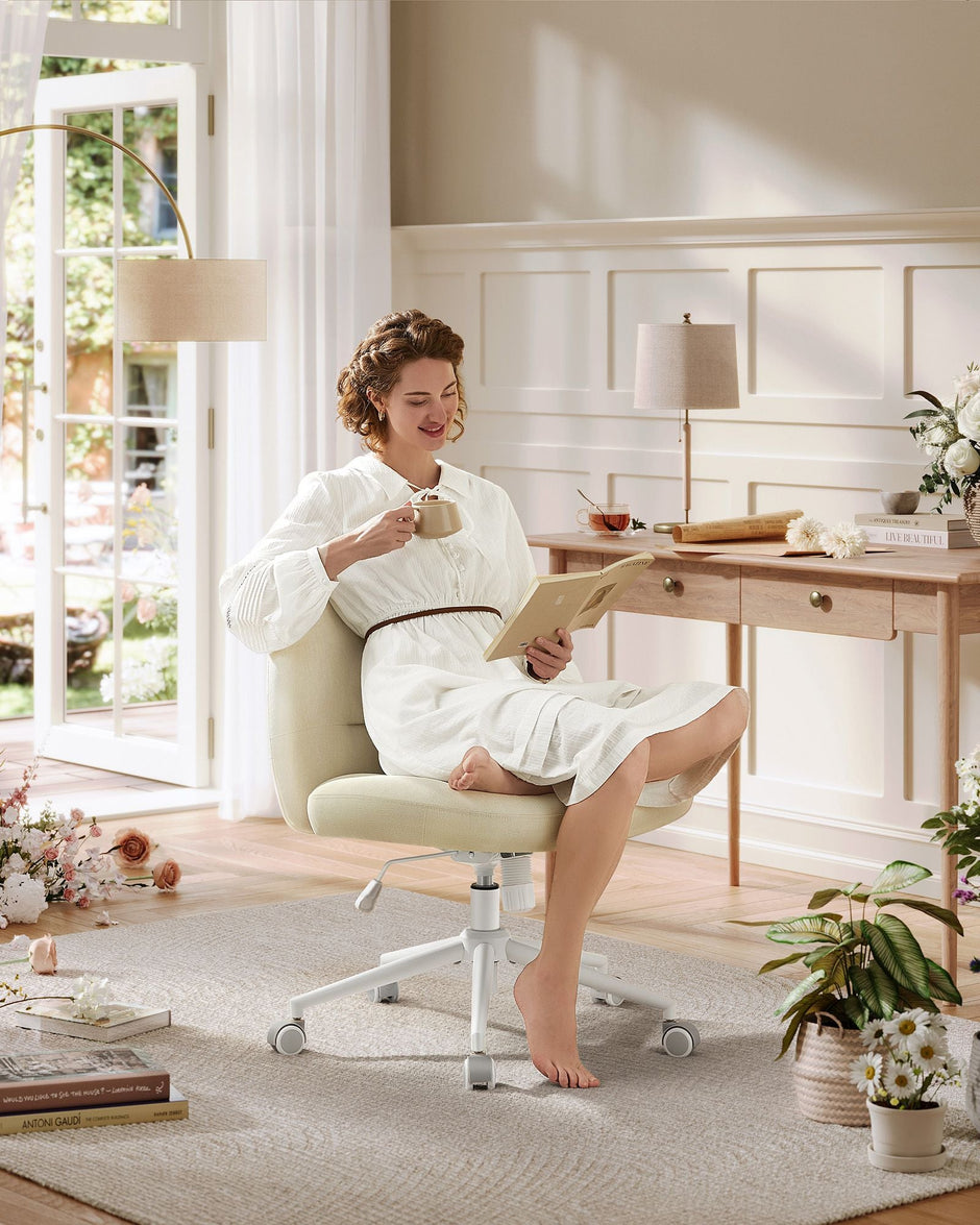 Armless Office Chair – Cotton-Linen Fabric – Cream White – Adjustable Height, Swivel Base