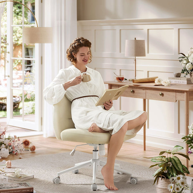 Armless Office Chair – Cotton-Linen Fabric – Cream White – Adjustable Height, Swivel Base
