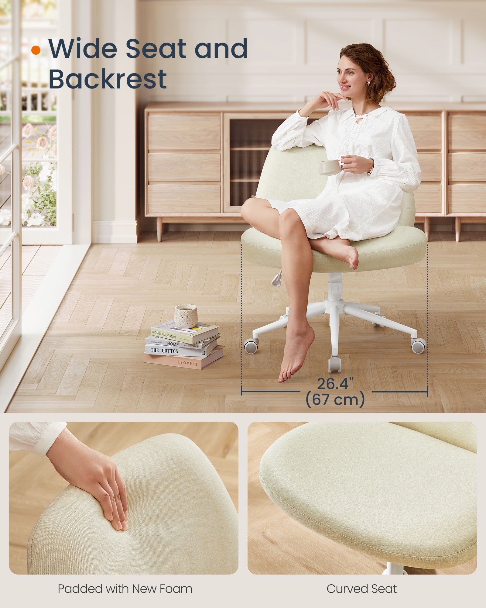 Armless Office Chair – Cotton-Linen Fabric – Cream White – Adjustable Height, Swivel Base