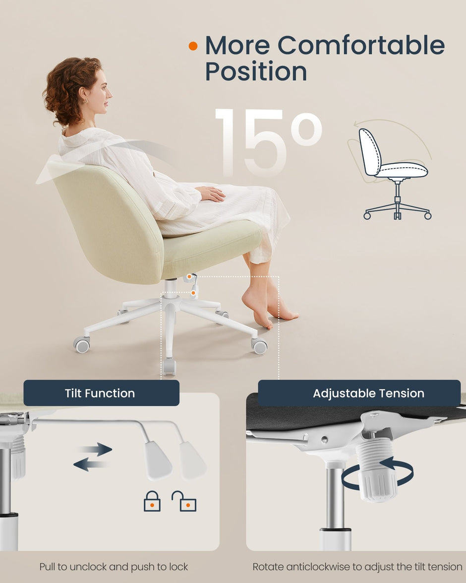 Armless Office Chair – Cotton-Linen Fabric – Cream White – Adjustable Height, Swivel Base