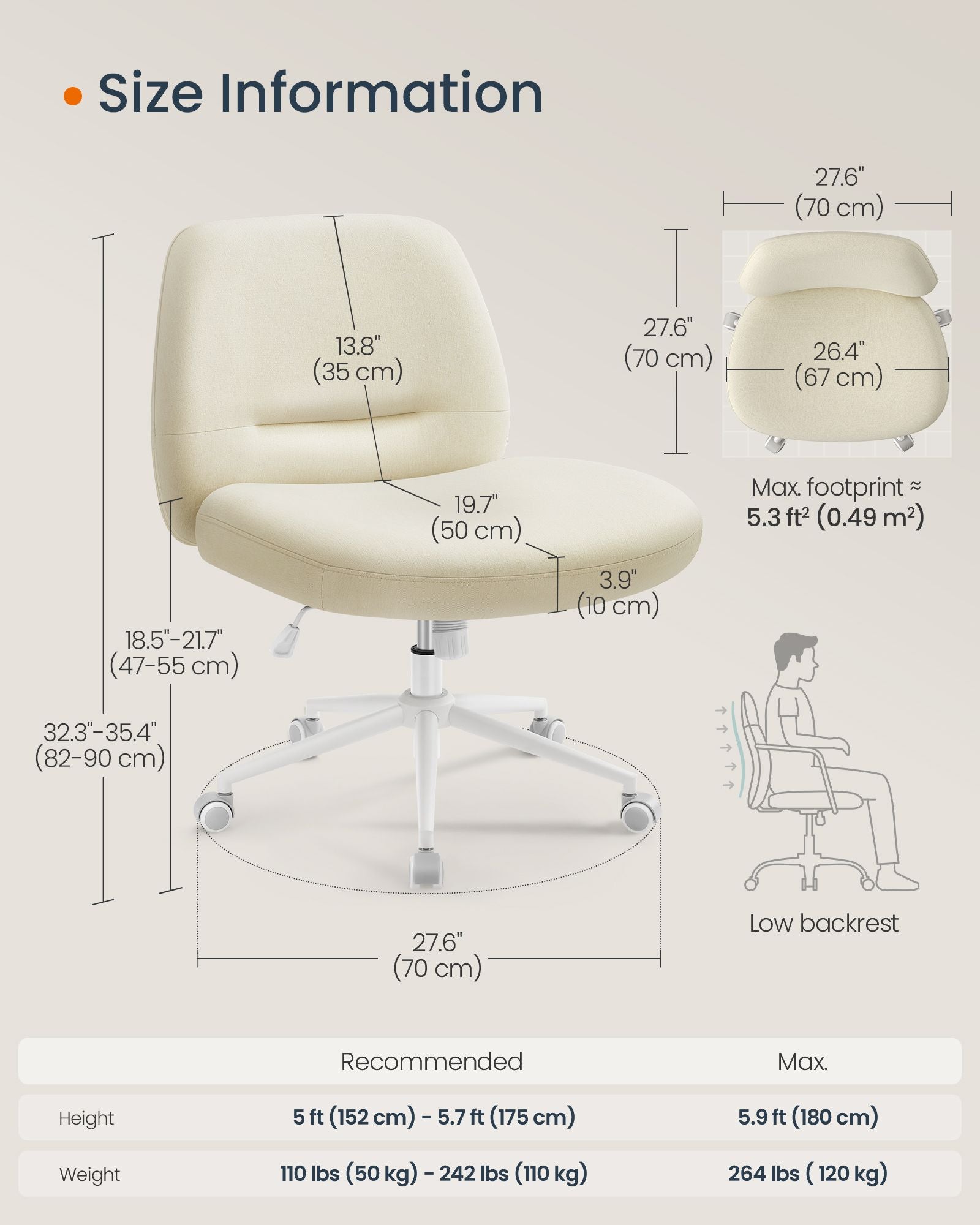 Armless Office Chair – Cotton-Linen Fabric – Cream White – Adjustable Height, Swivel Base
