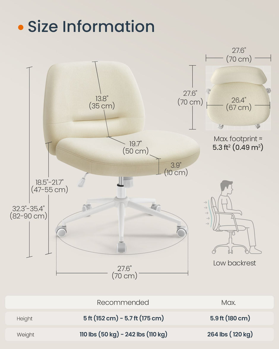 Armless Office Chair – Cotton-Linen Fabric – Cream White – Adjustable Height, Swivel Base