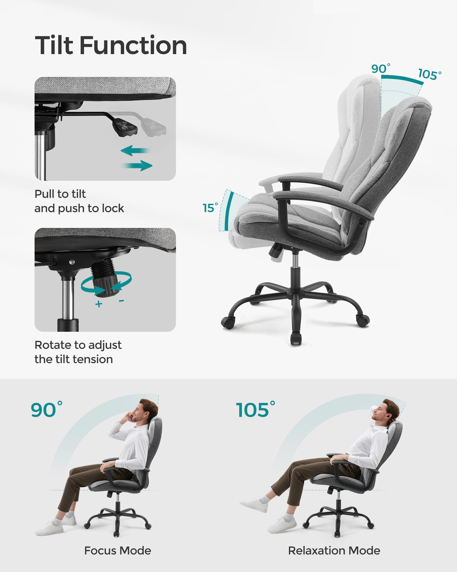 Swivel Office Chair – PU Leather – Dove Grey and Ink Black – High Back with Armrests and Tilt Function