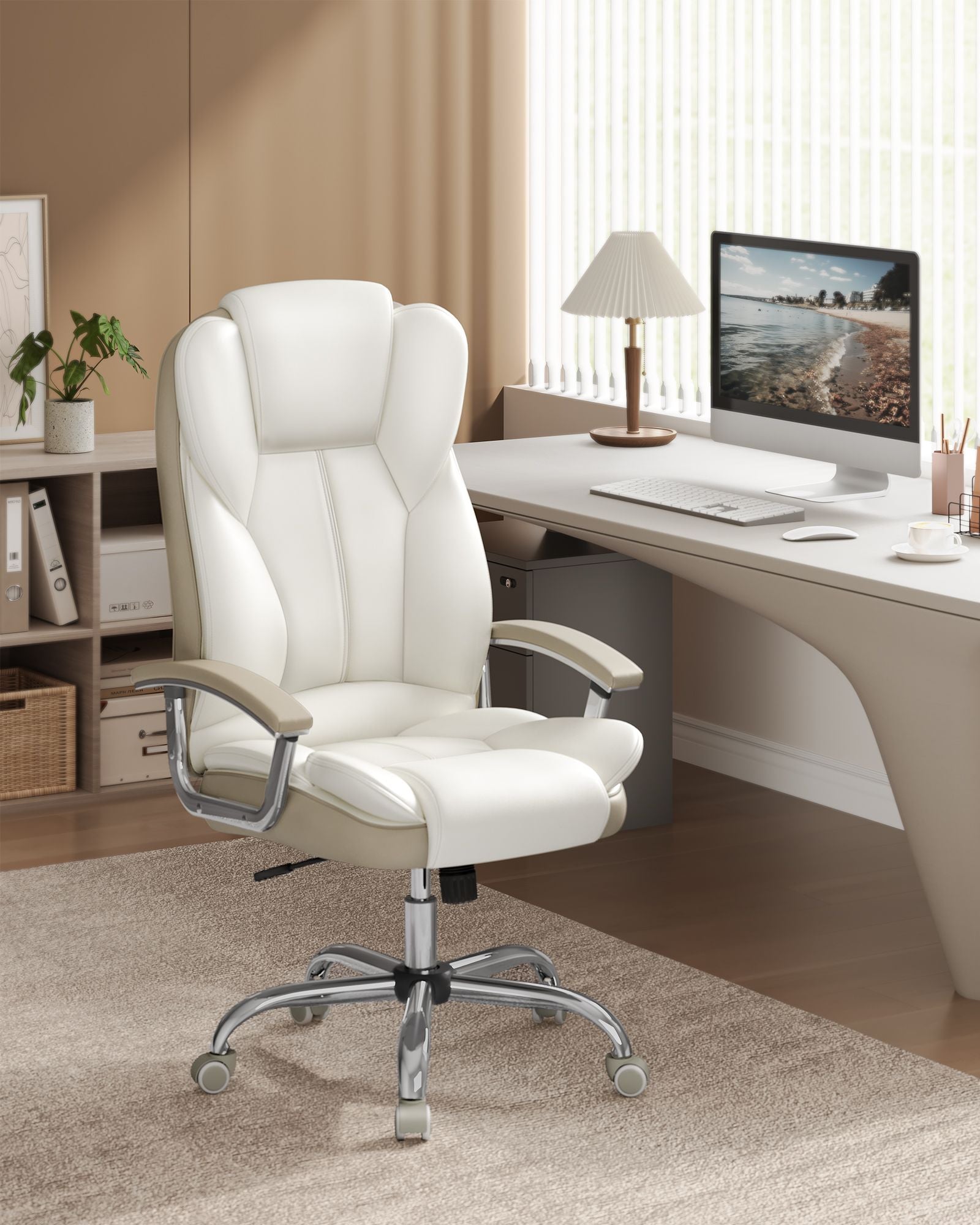 Office Chair – PU – Cream White and Camel Brown – High Back, Large Seat, Tilt Function