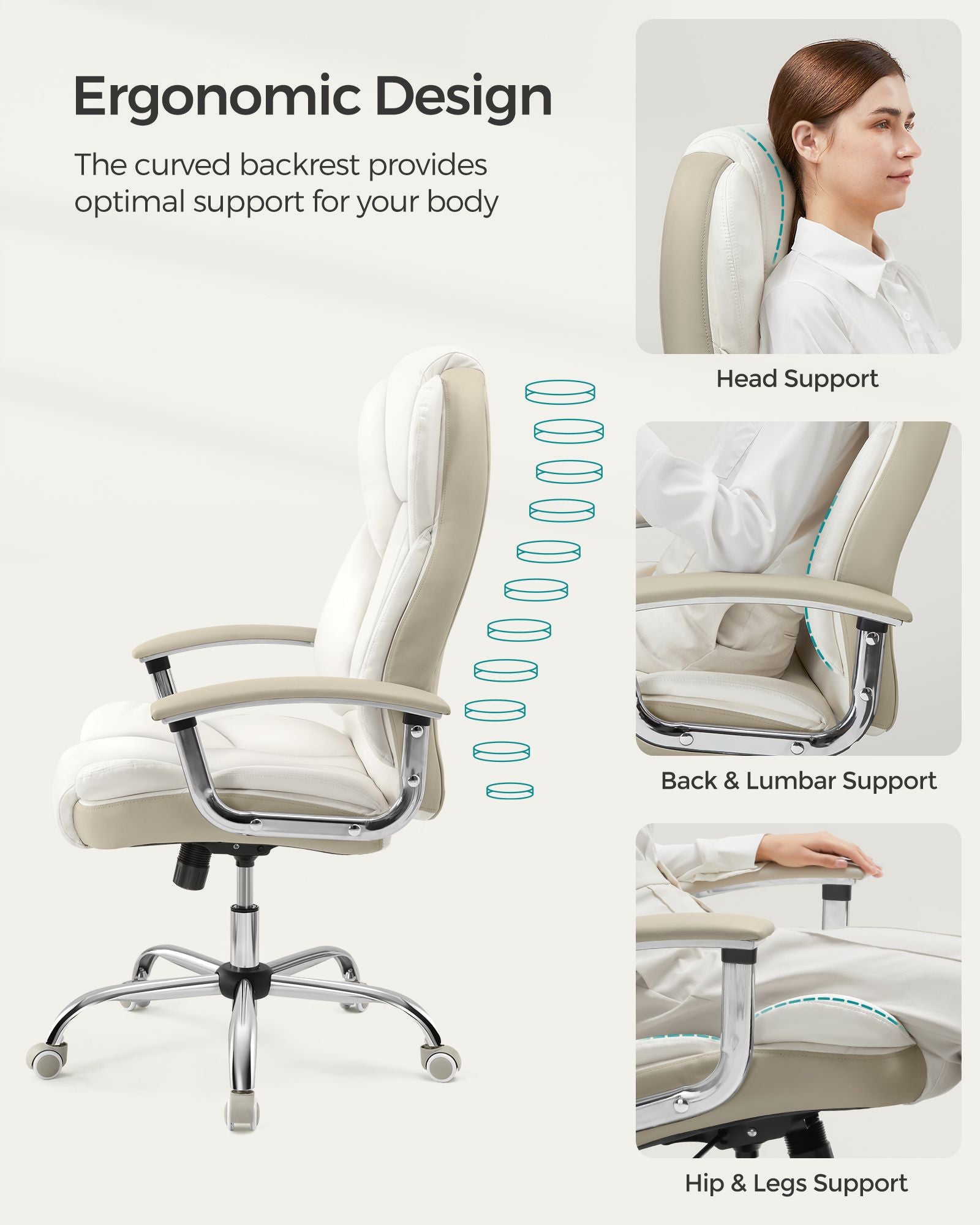 Office Chair – PU – Cream White and Camel Brown – High Back, Large Seat, Tilt Function