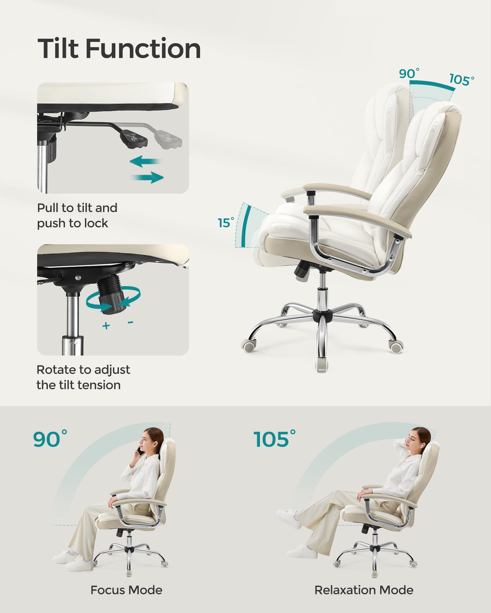 Office Chair – PU – Cream White and Camel Brown – High Back, Large Seat, Tilt Function