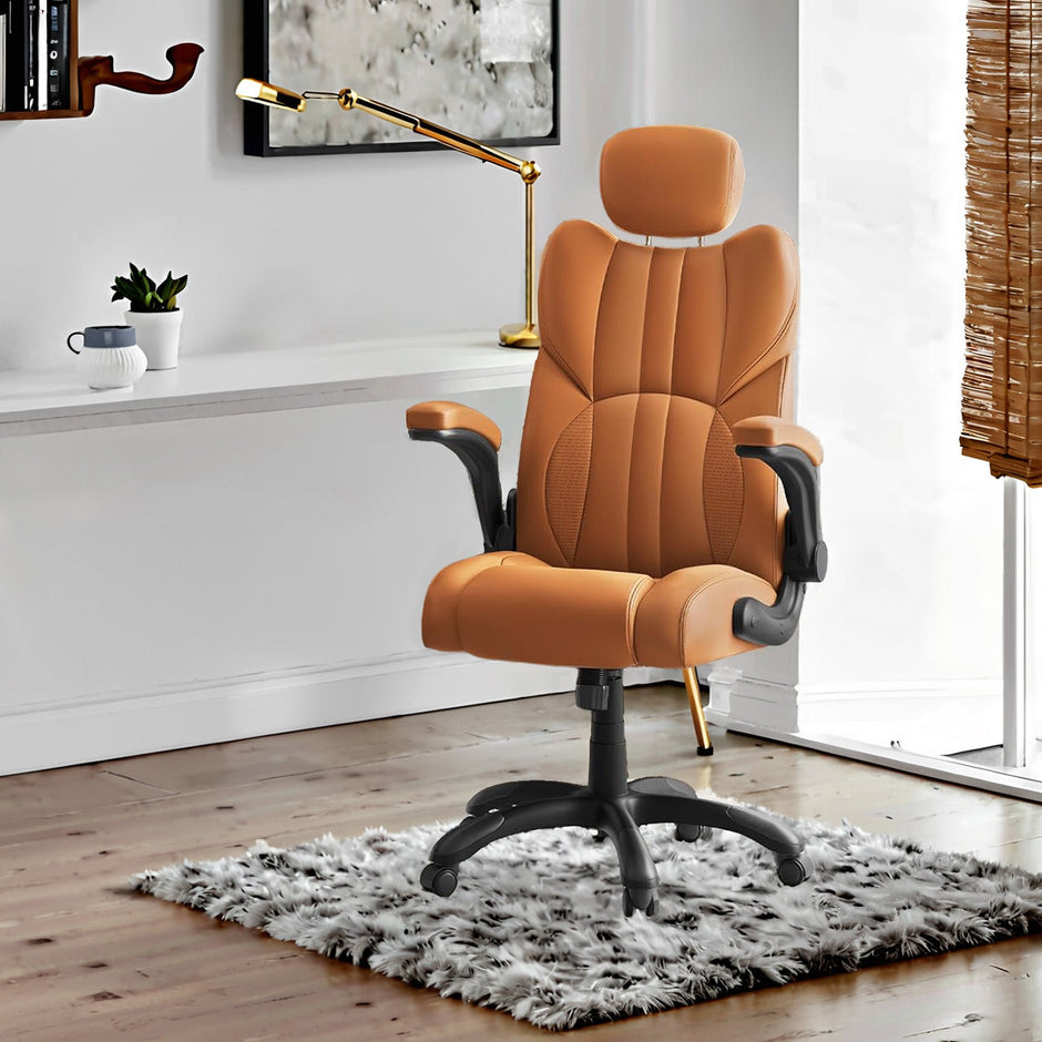 Ergonomic Gaming Chair – PU – Brown – Adjustable Headrest, Foldable Armrests, Swivel Tilt Function