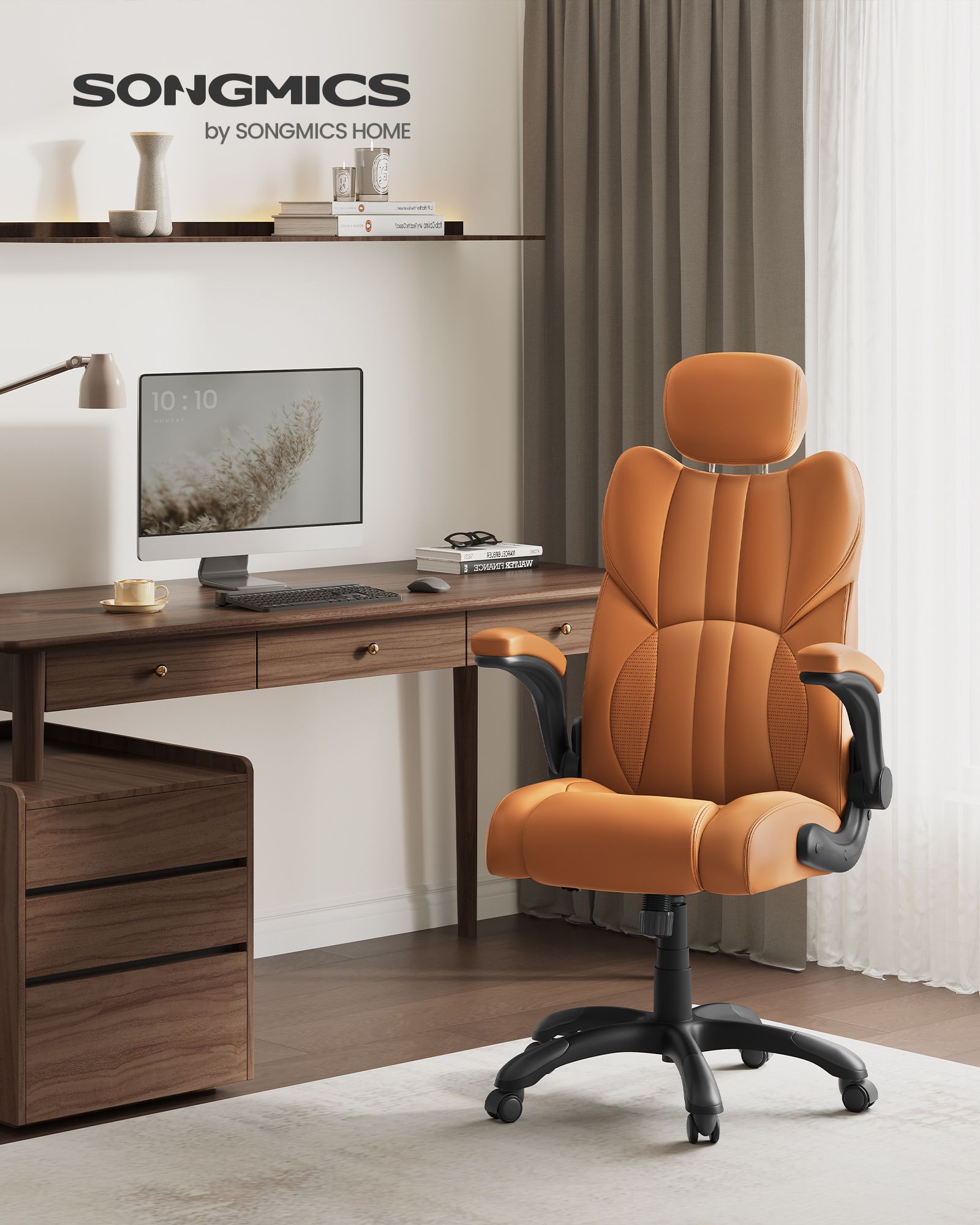 Ergonomic Gaming Chair – PU Leather – Caramel Brown – Height Adjustable with Tilt Function and Flip-Up Armrests