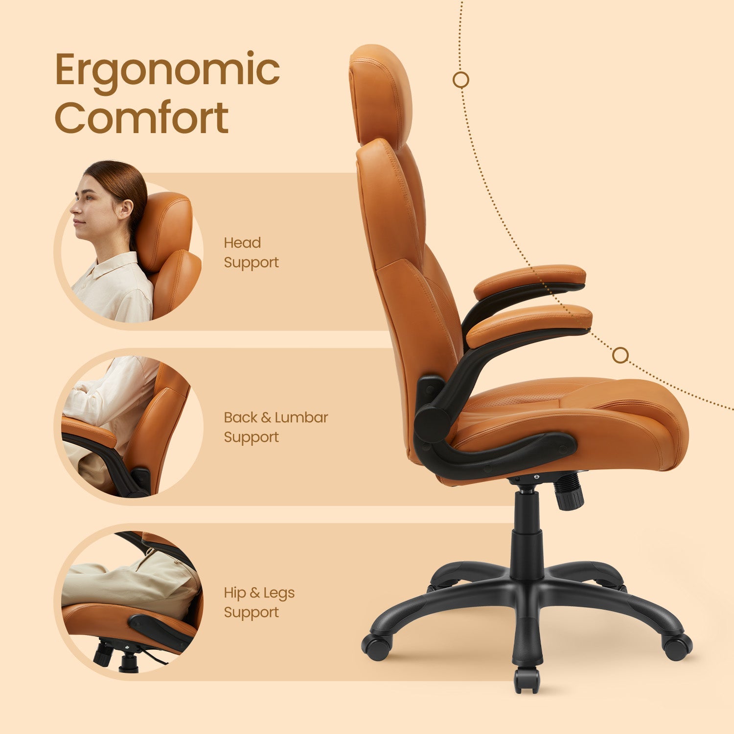 Ergonomic Gaming Chair – PU – Brown – Adjustable Headrest, Foldable Armrests, Swivel Tilt Function