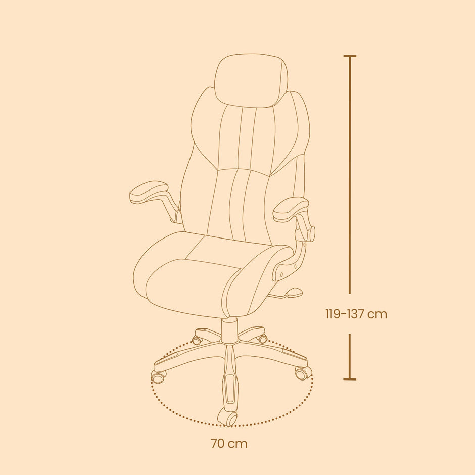 Ergonomic Gaming Chair – PU – Brown – Adjustable Headrest, Foldable Armrests, Swivel Tilt Function