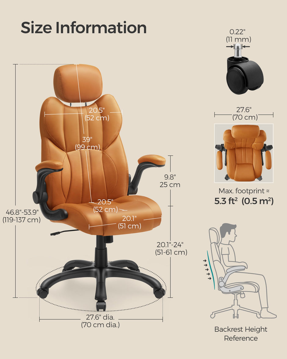 Ergonomic Gaming Chair – PU Leather – Caramel Brown – Height Adjustable with Tilt Function and Flip-Up Armrests