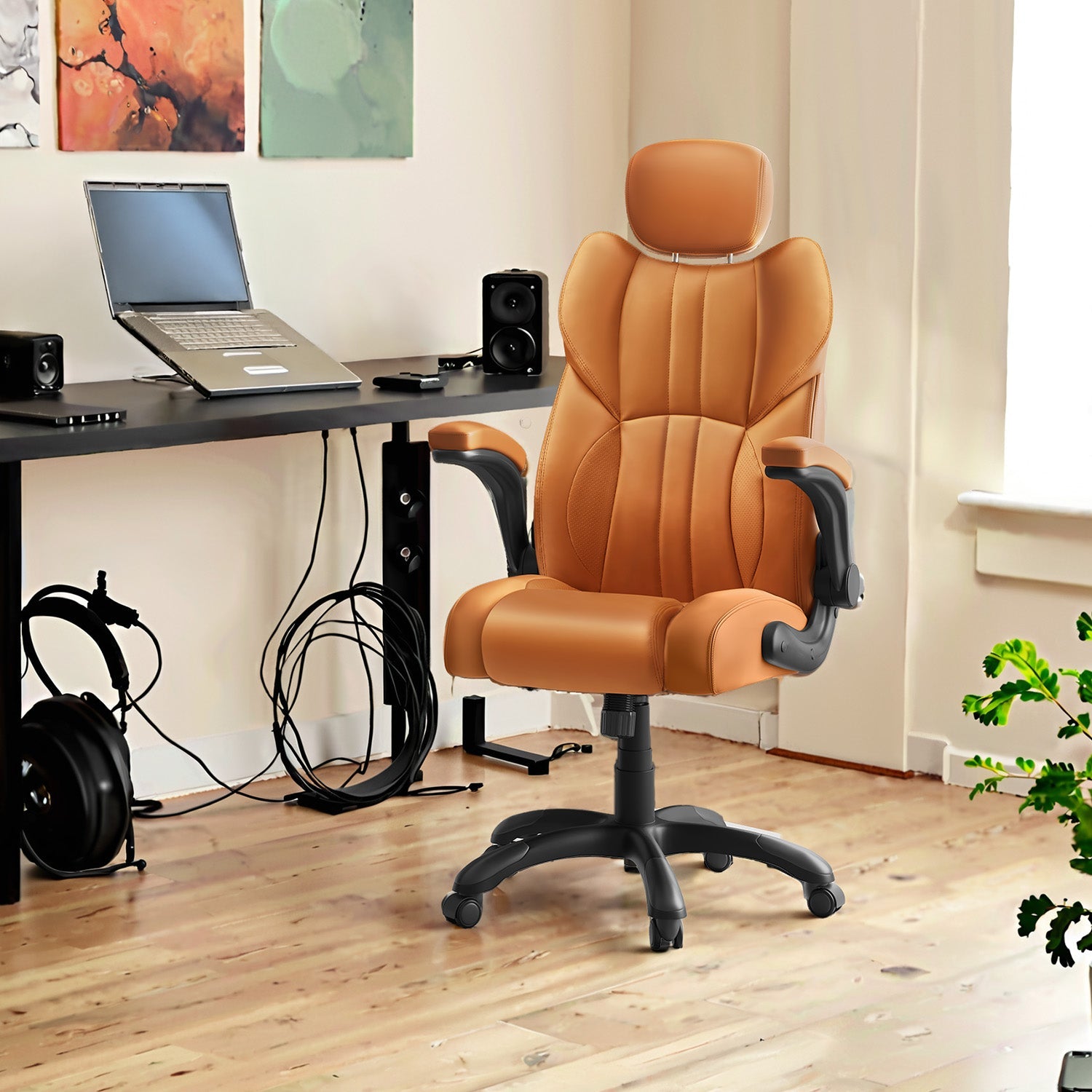 Ergonomic Gaming Chair – PU – Brown – Adjustable Headrest, Foldable Armrests, Swivel Tilt Function