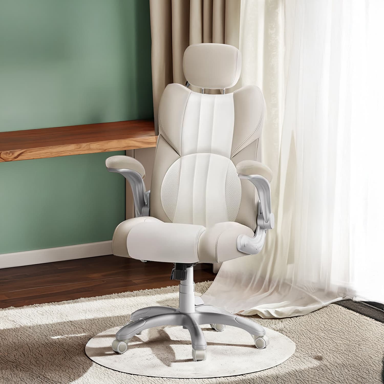 Gaming Chair – PU – White – Ergonomic Design with Adjustable Headrest and Foldable Armrests