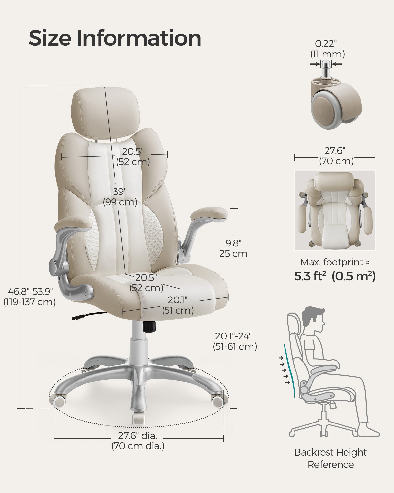 Ergonomic Gaming Chair – PU – Cream White – Height Adjustable with Tilt Function