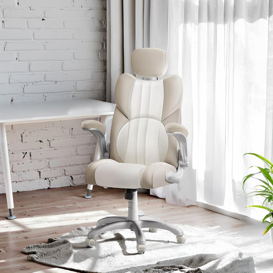 Gaming Chair – PU – White – Ergonomic Design with Adjustable Headrest and Foldable Armrests