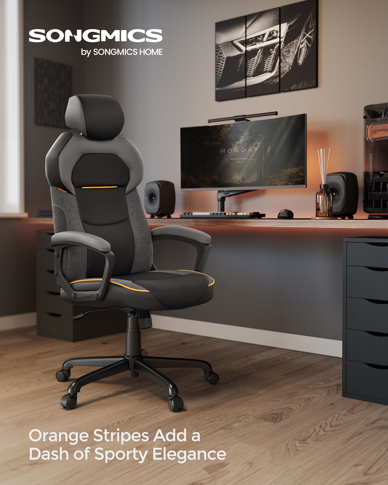 Office Chair – PU and Cotton-Linen – Classic Black – Height Adjustable, Adjustable Headrest, Padded Armrests, Tilt Function, Load Capacity 150 kg