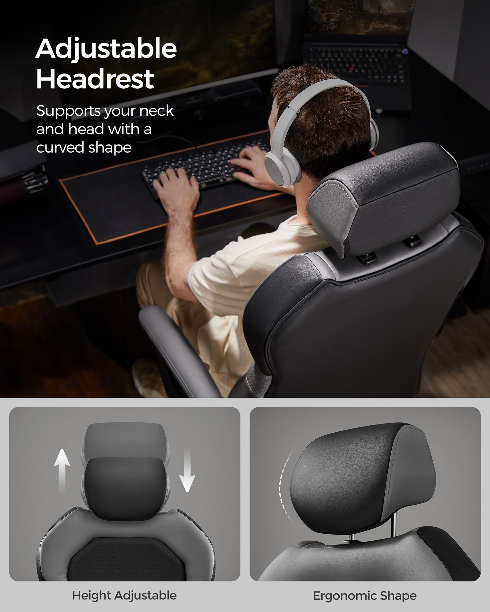 Office Chair – PU and Cotton-Linen – Classic Black – Height Adjustable, Adjustable Headrest, Padded Armrests, Tilt Function, Load Capacity 150 kg