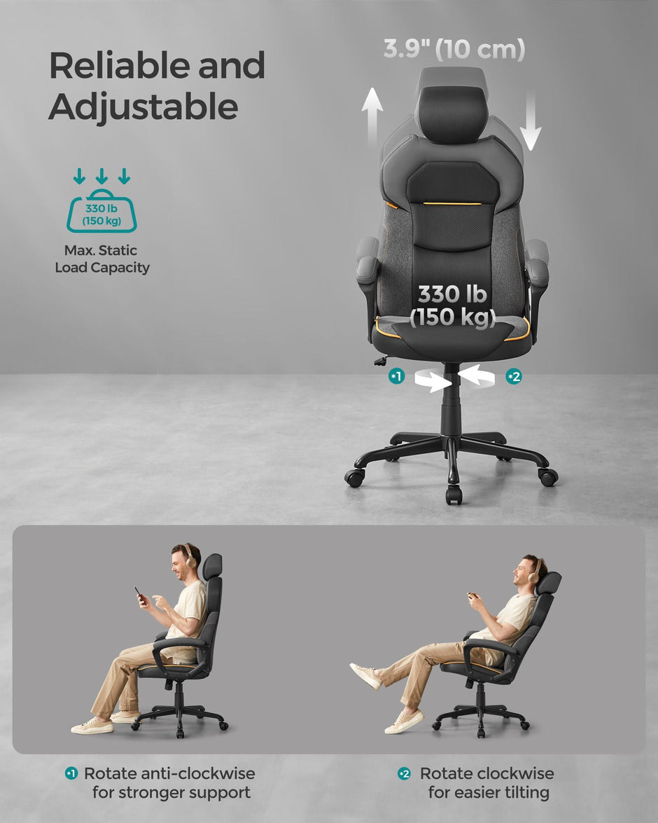 Office Chair – PU and Cotton-Linen – Classic Black – Height Adjustable, Adjustable Headrest, Padded Armrests, Tilt Function, Load Capacity 150 kg