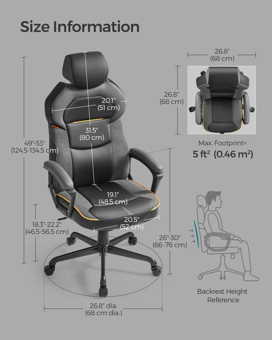 Office Chair – PU and Cotton-Linen – Classic Black – Height Adjustable, Adjustable Headrest, Padded Armrests, Tilt Function, Load Capacity 150 kg