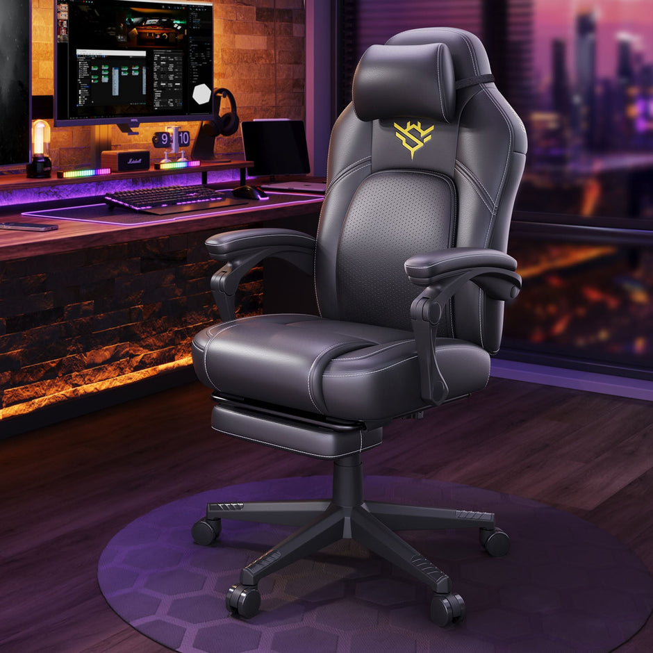 Gaming Chair – Cotton-Linen Fabric – Ink Black – Ergonomic Design with Footrest and Headrest