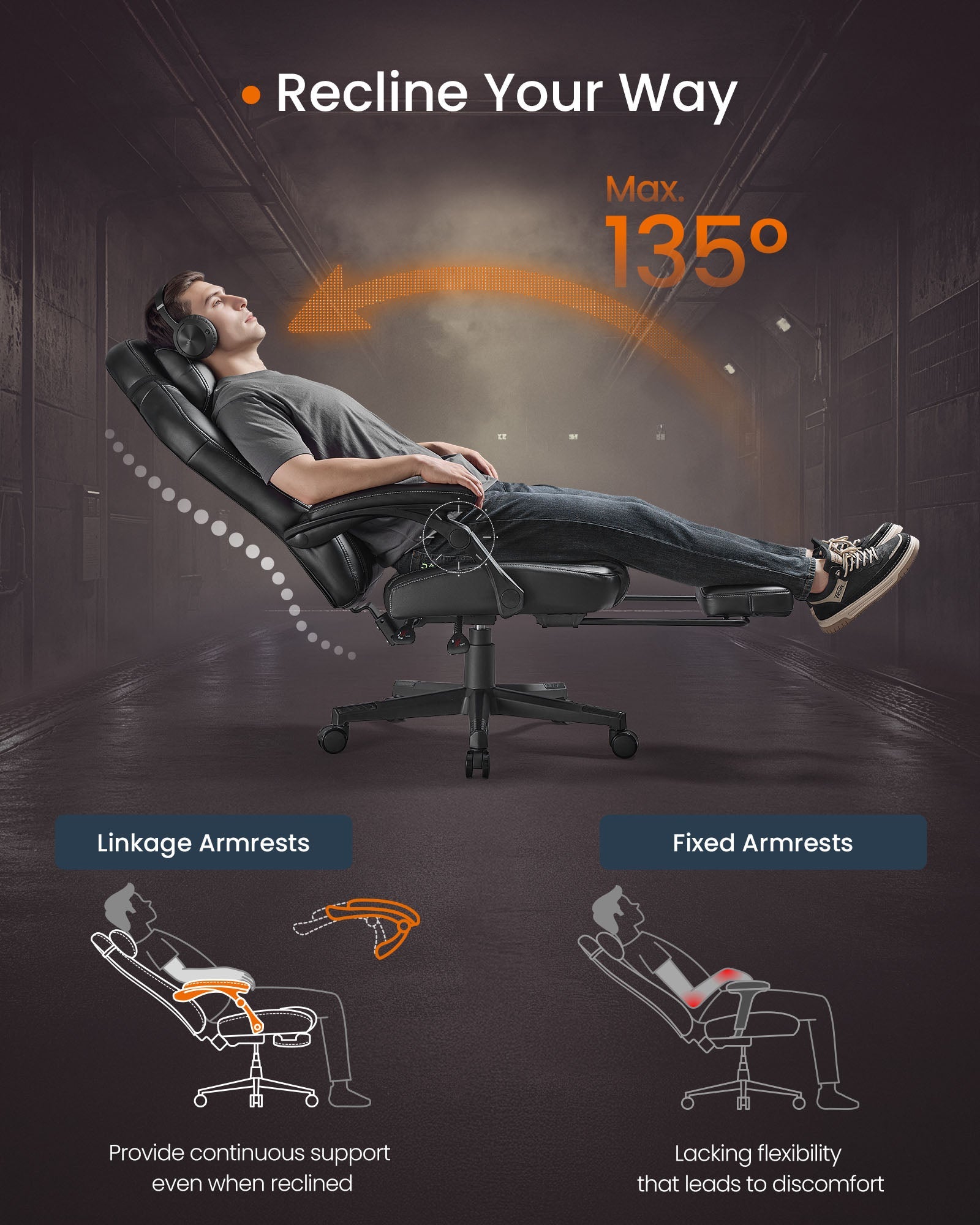 Gaming Chair – Cotton-Linen Fabric – Ink Black – Ergonomic Design with Footrest and Headrest
