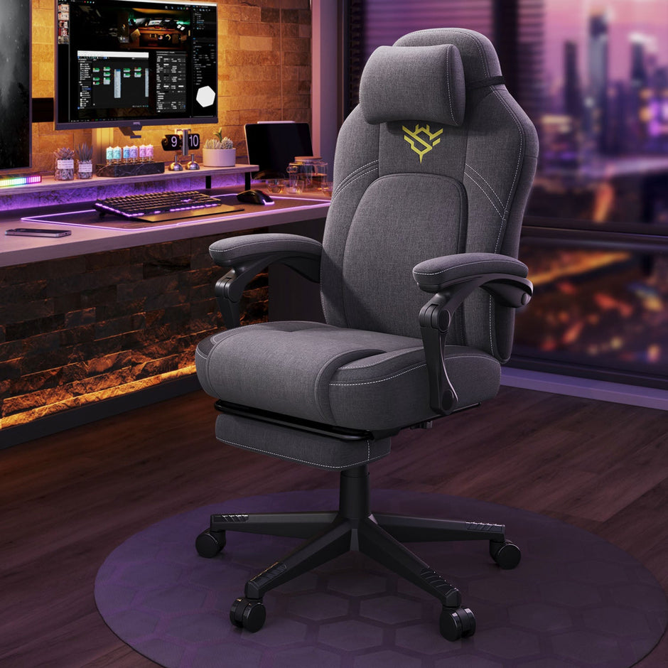 Gaming Chair – Cotton-Linen Fabric – Dove Grey – Ergonomic Design with Footrest and Headrest