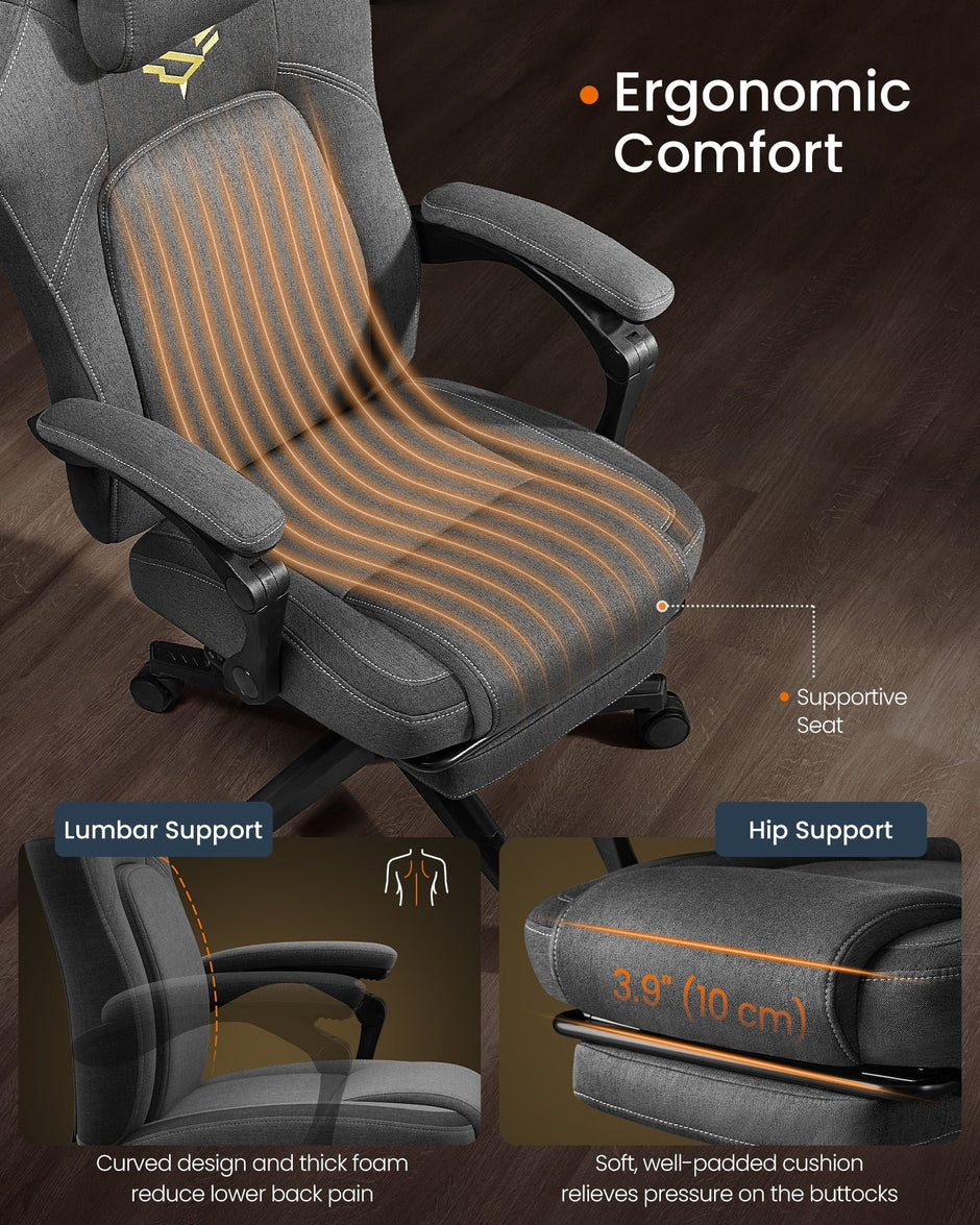 Gaming Chair – Cotton-Linen Fabric – Dove Grey – Ergonomic Design with Footrest and Headrest