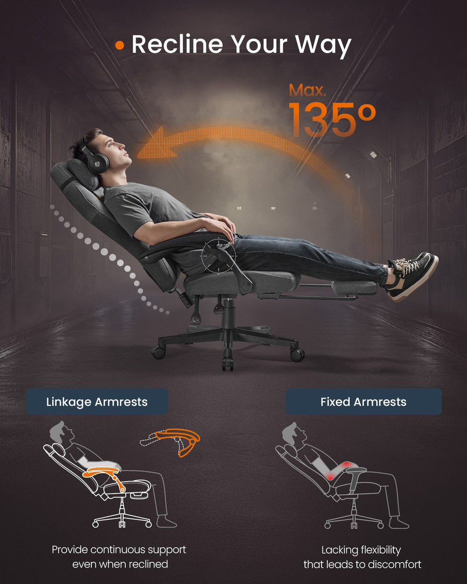Gaming Chair – Cotton-Linen Fabric – Dove Grey – Ergonomic Design with Footrest and Headrest
