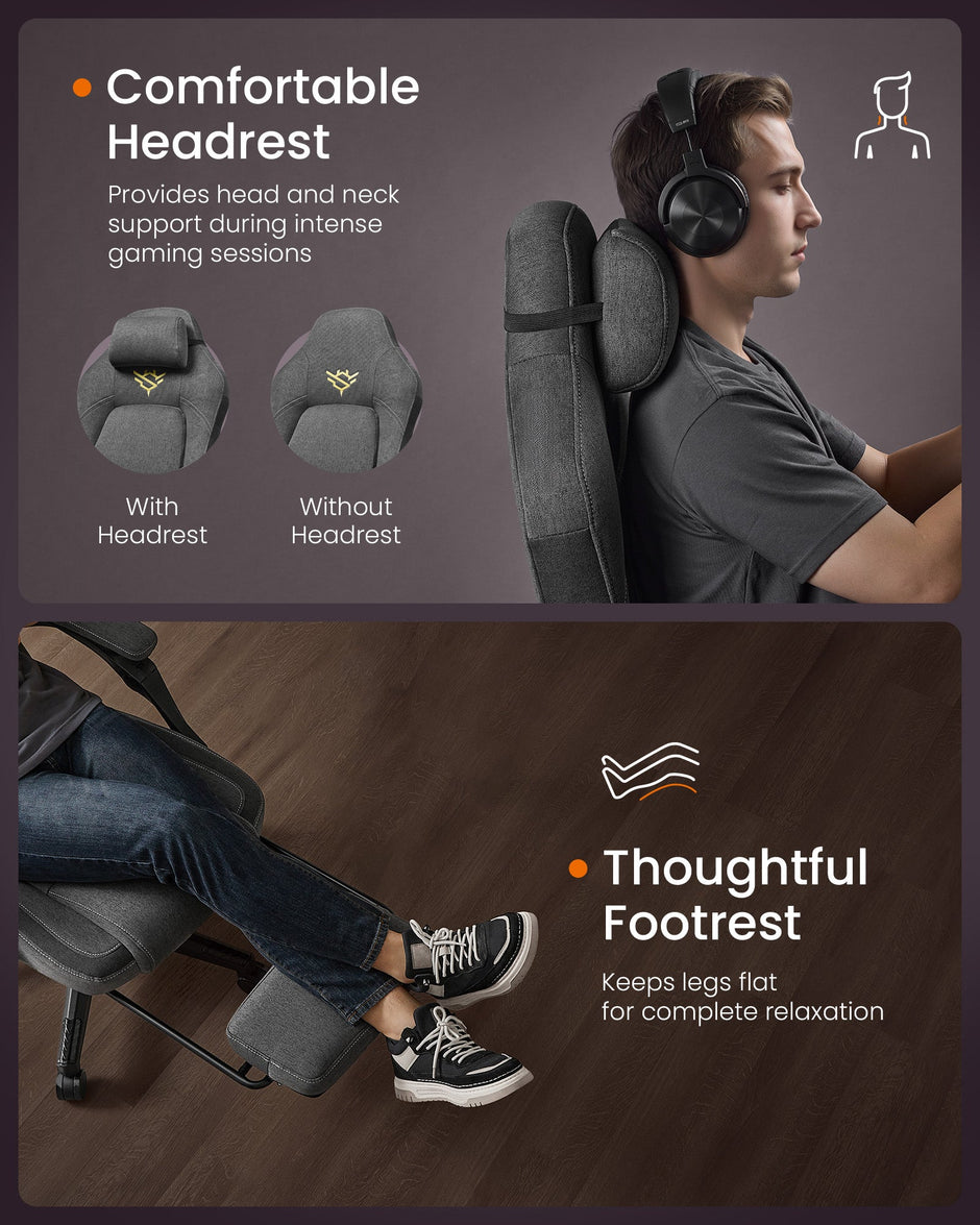 Gaming Chair – Cotton-Linen Fabric – Dove Grey – Ergonomic Design with Footrest and Headrest