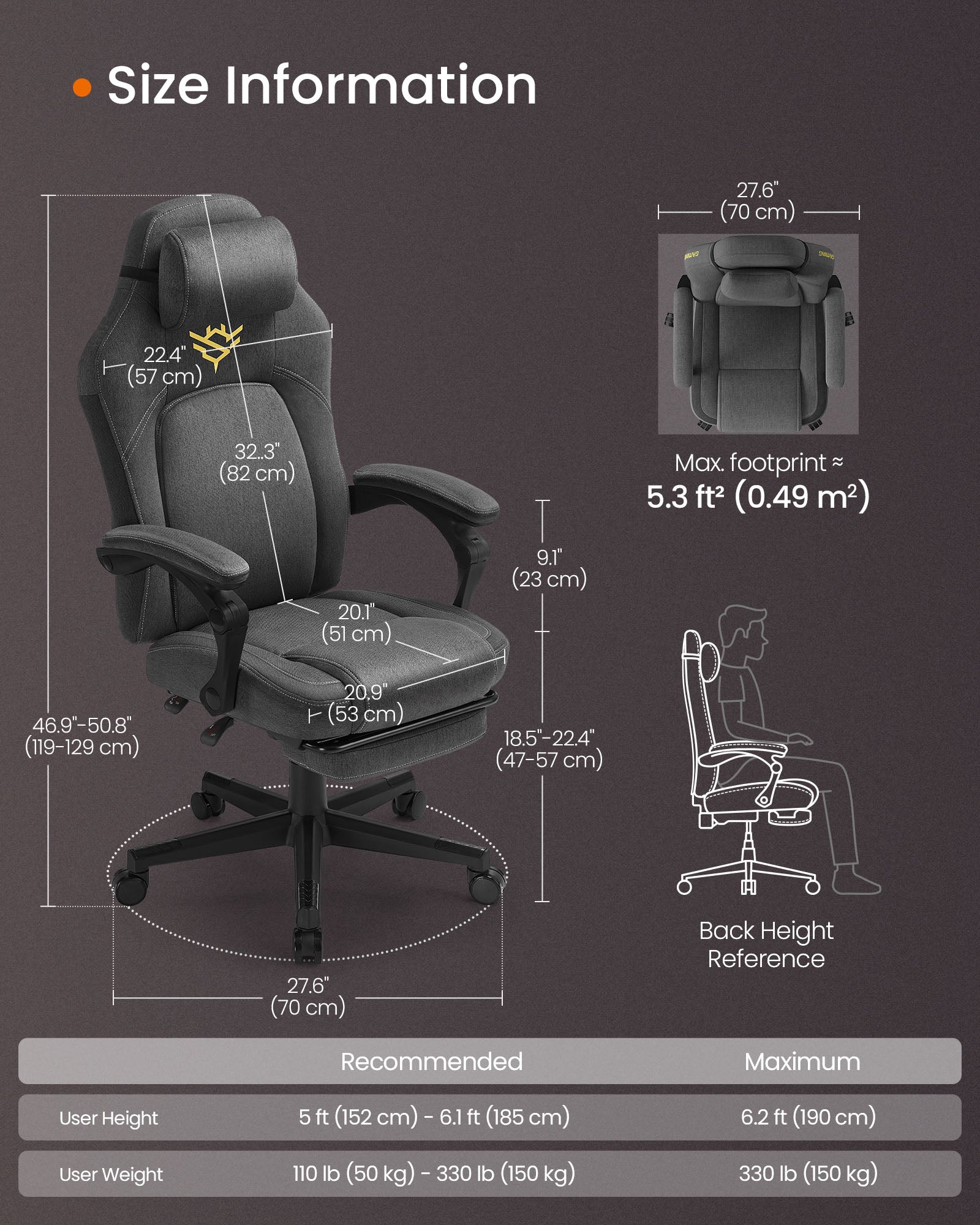 Gaming Chair – Cotton-Linen Fabric – Dove Grey – Ergonomic Design with Footrest and Headrest