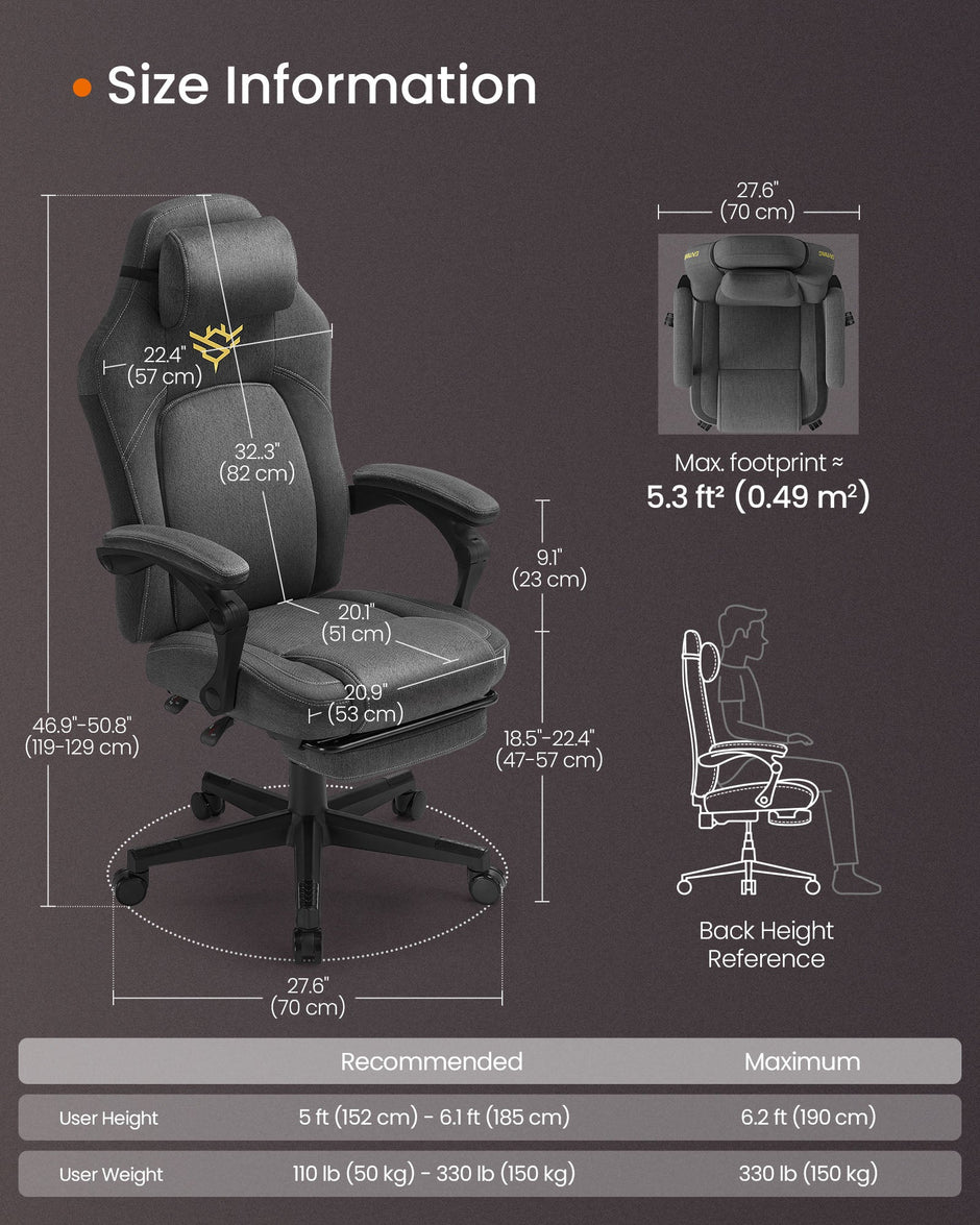 Gaming Chair – Cotton-Linen Fabric – Dove Grey – Ergonomic Design with Footrest and Headrest