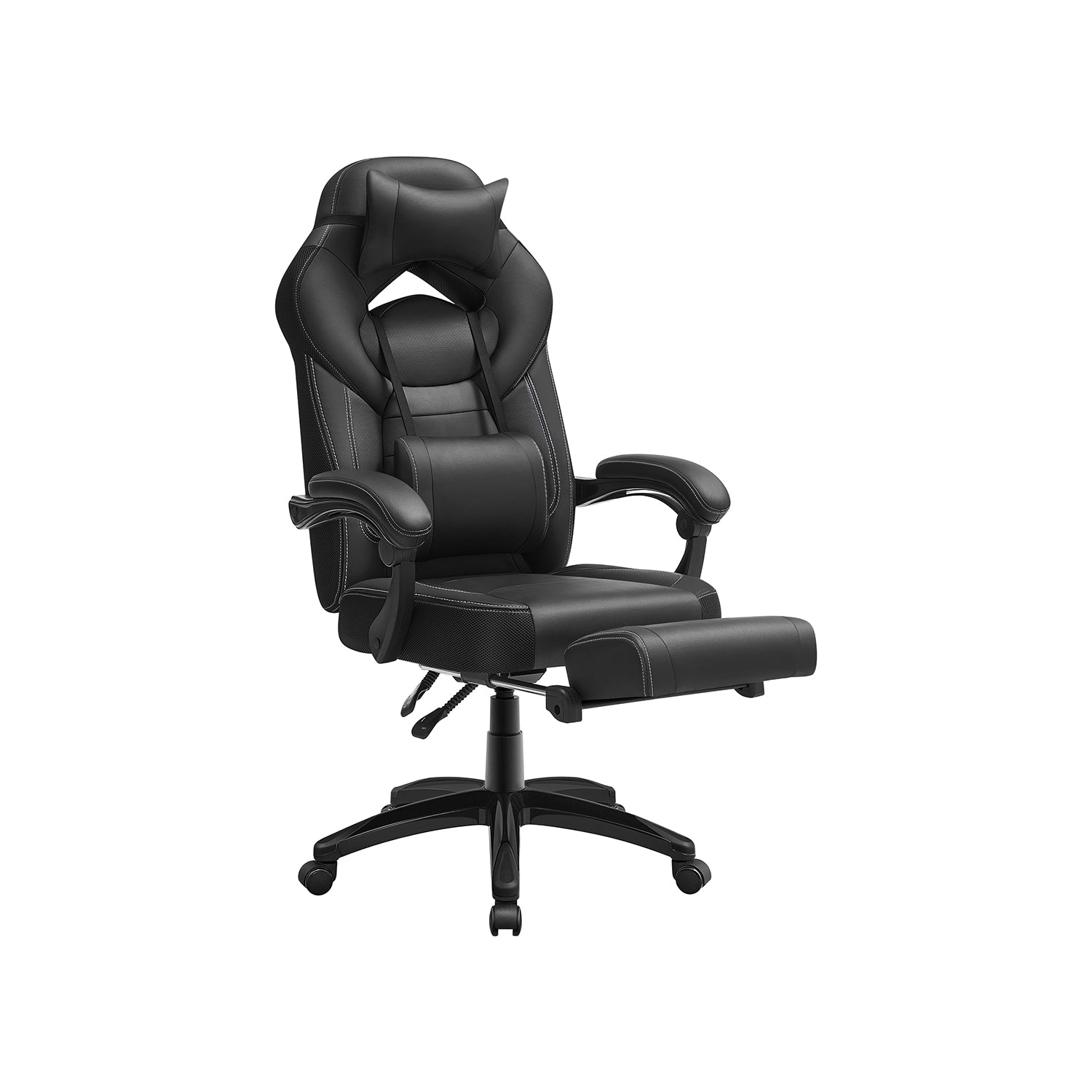 Racing Office Chair – Faux Leather – Black – Ergonomic Design with Footrest and Adjustable Headrest