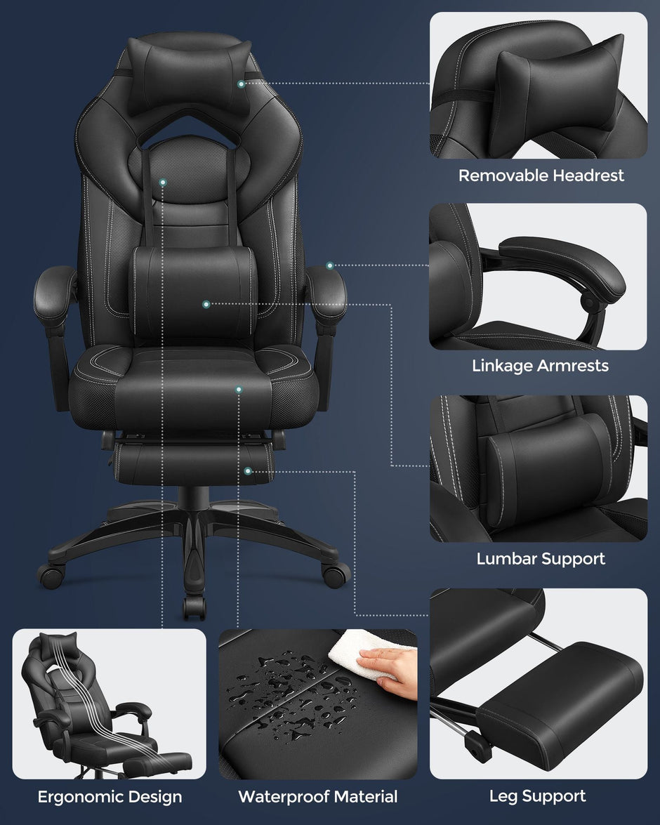 Racing Office Chair – Faux Leather – Black – Ergonomic Design with Footrest and Adjustable Headrest