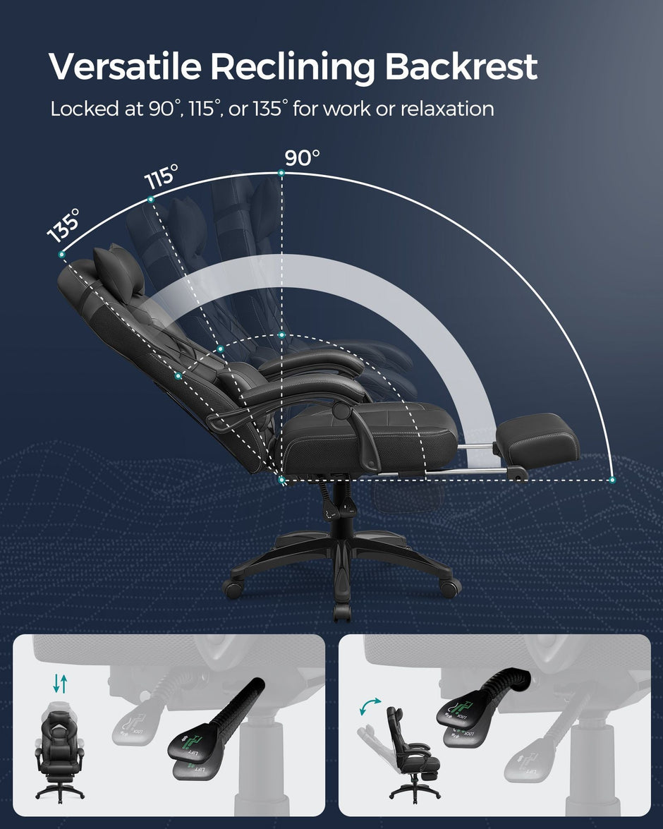 Racing Office Chair – Faux Leather – Black – Ergonomic Design with Footrest and Adjustable Headrest