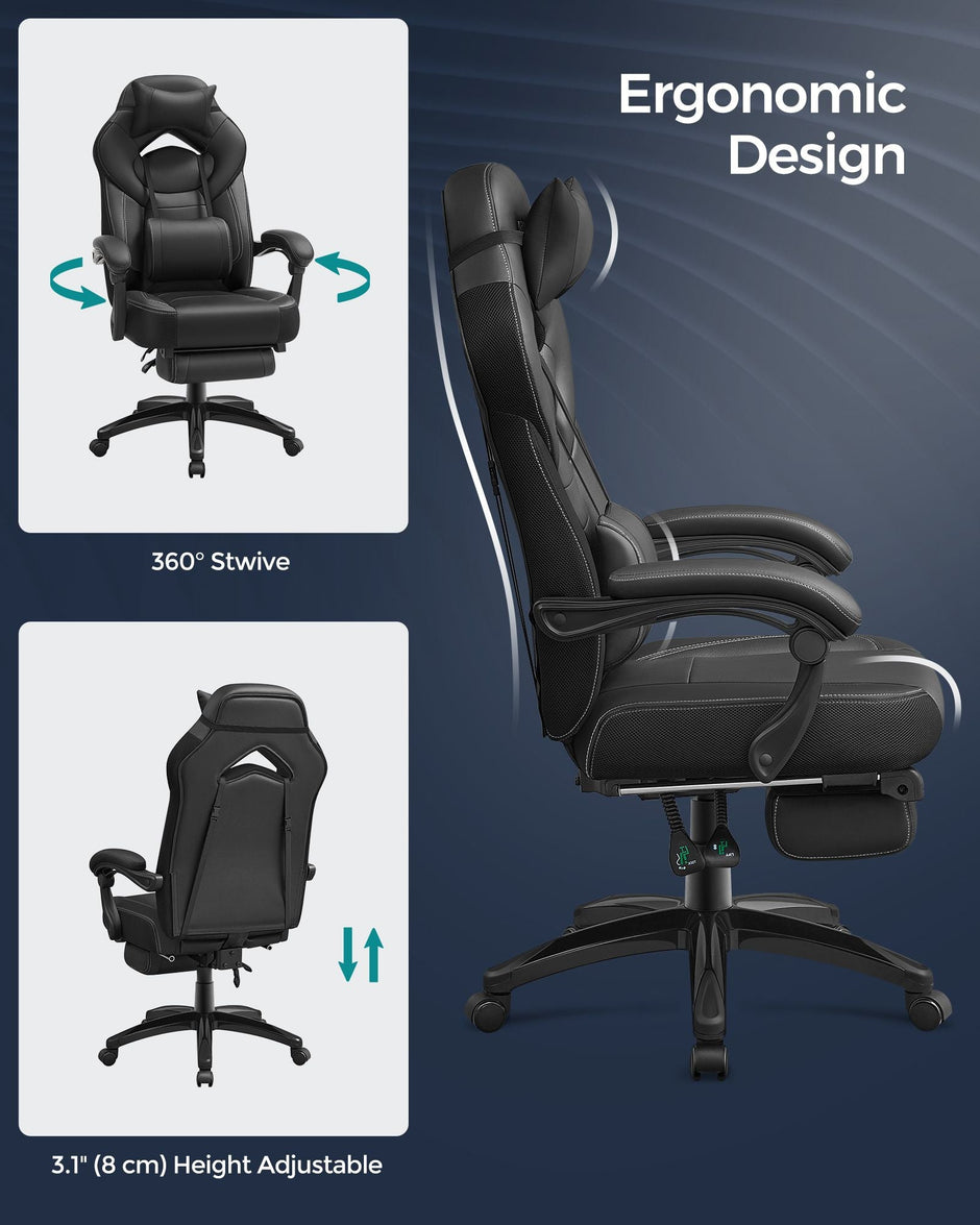 Racing Office Chair – Faux Leather – Black – Ergonomic Design with Footrest and Adjustable Headrest
