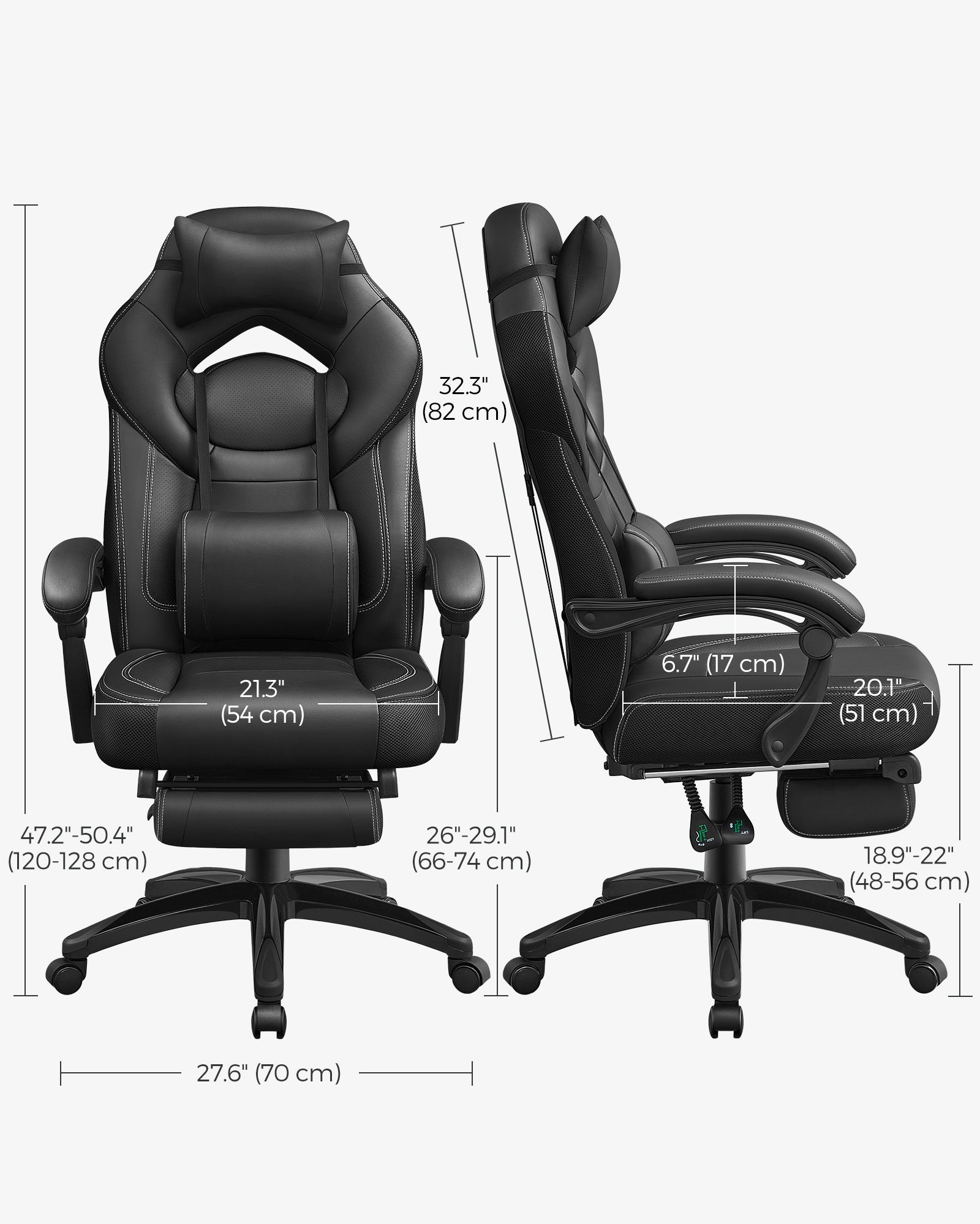 Racing Office Chair – Faux Leather – Black – Ergonomic Design with Footrest and Adjustable Headrest