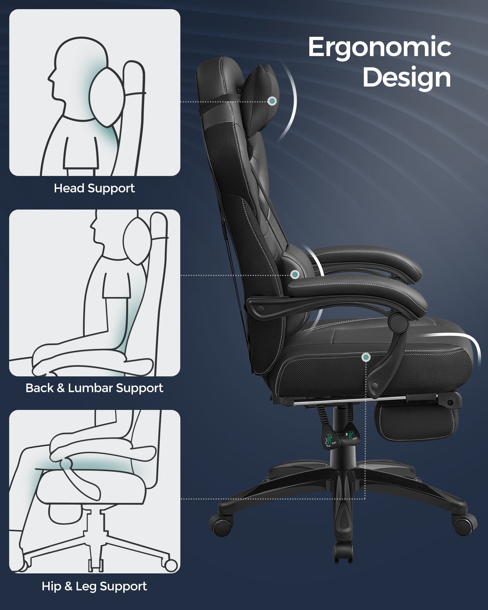 Racing Office Chair – Faux Leather – Black – Ergonomic Design with Footrest and Adjustable Headrest