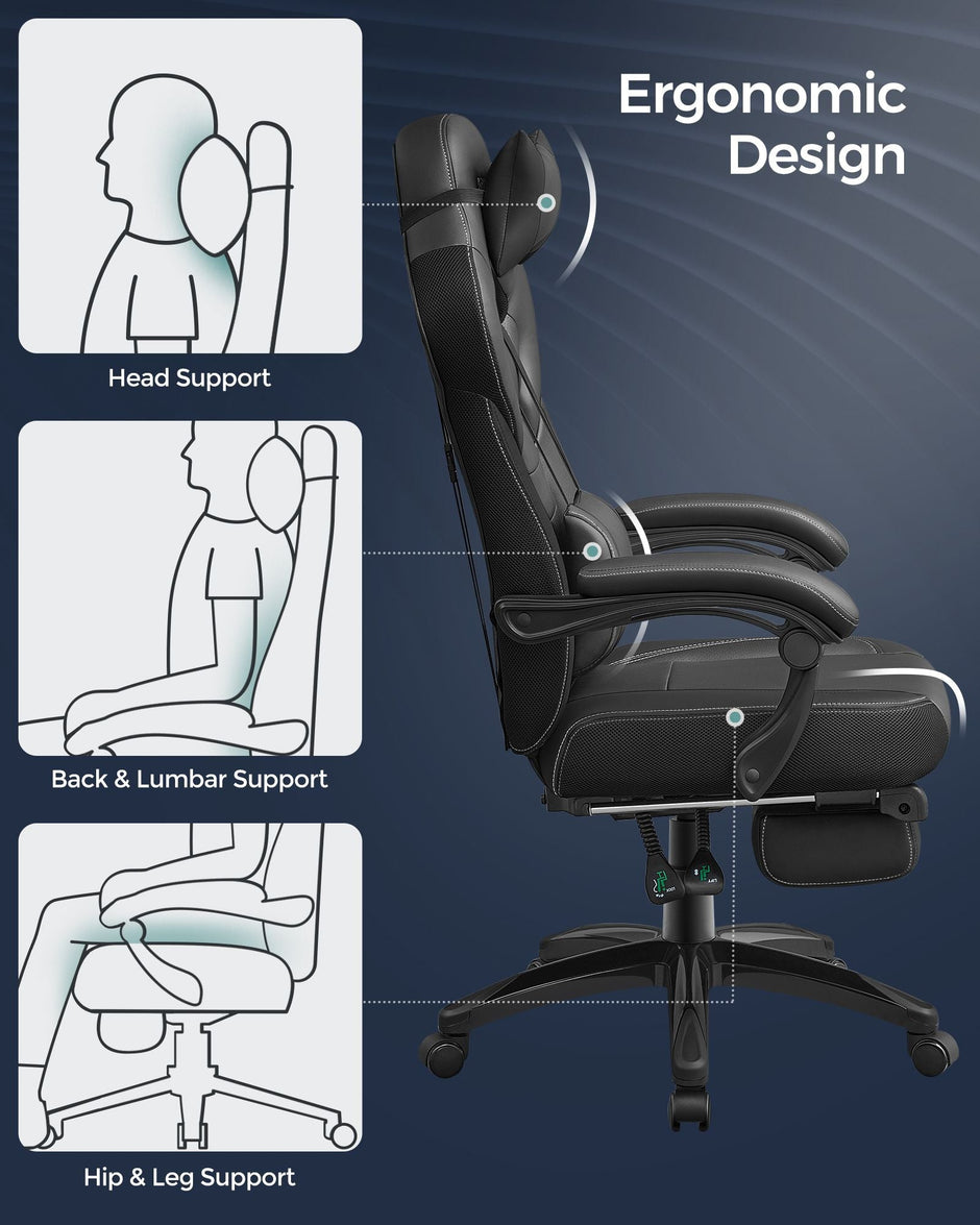 Racing Office Chair – Faux Leather – Black – Ergonomic Design with Footrest and Adjustable Headrest